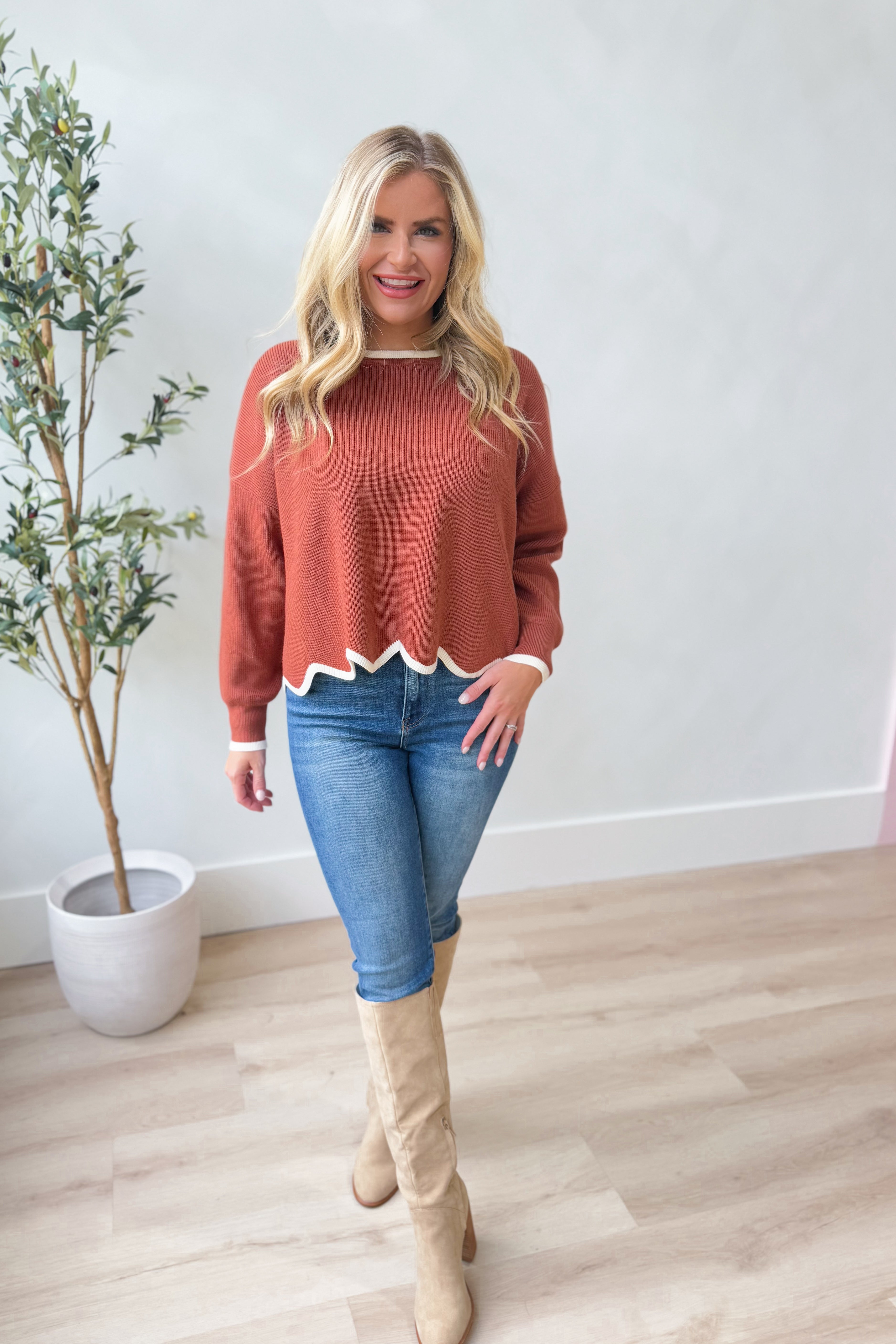 Gracie Long Sleeve Scallop Hem Sweater - Be You Boutique