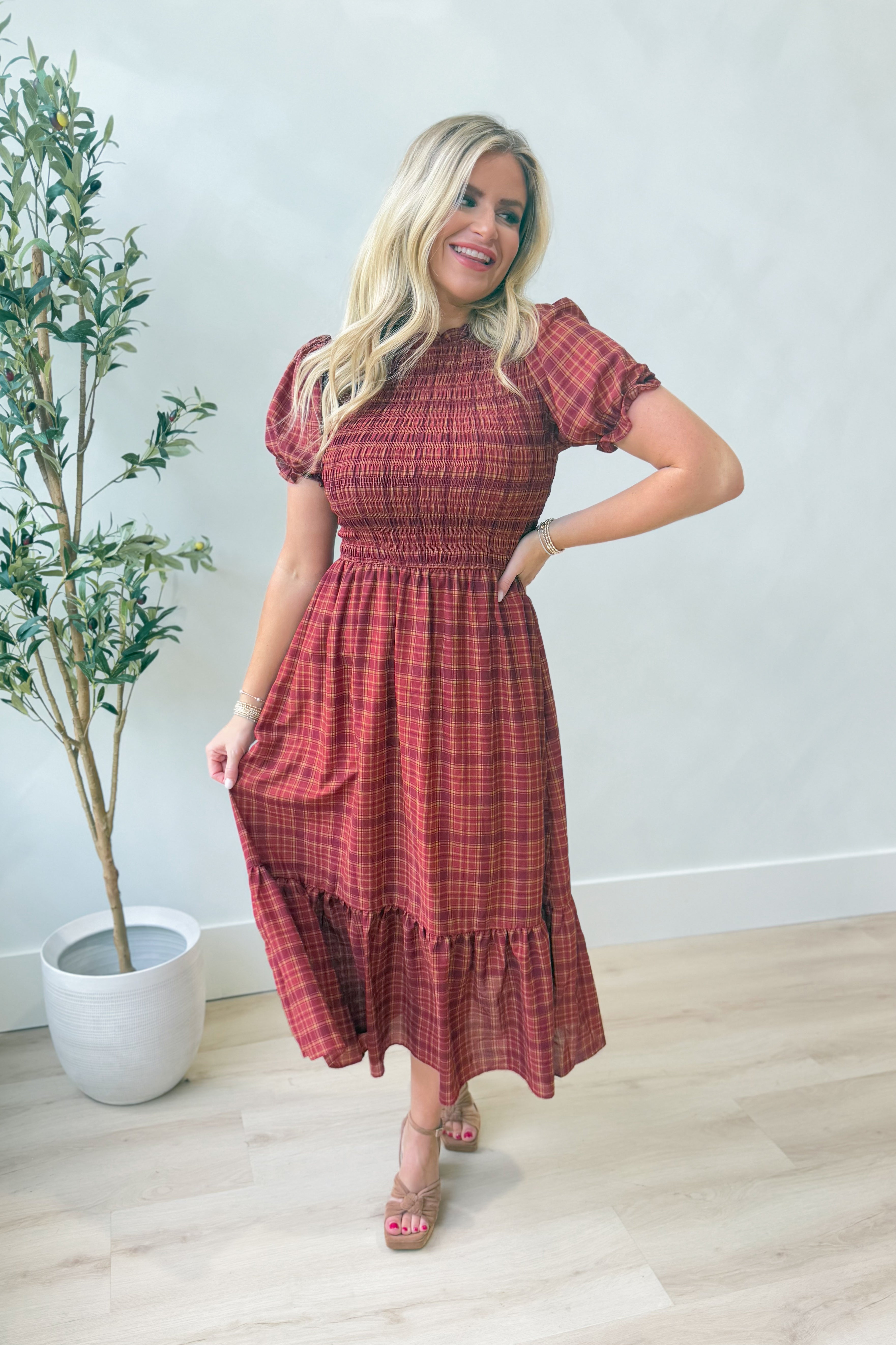 Mary Plaid Puff Sleeve Midi Dress - Be You Boutique
