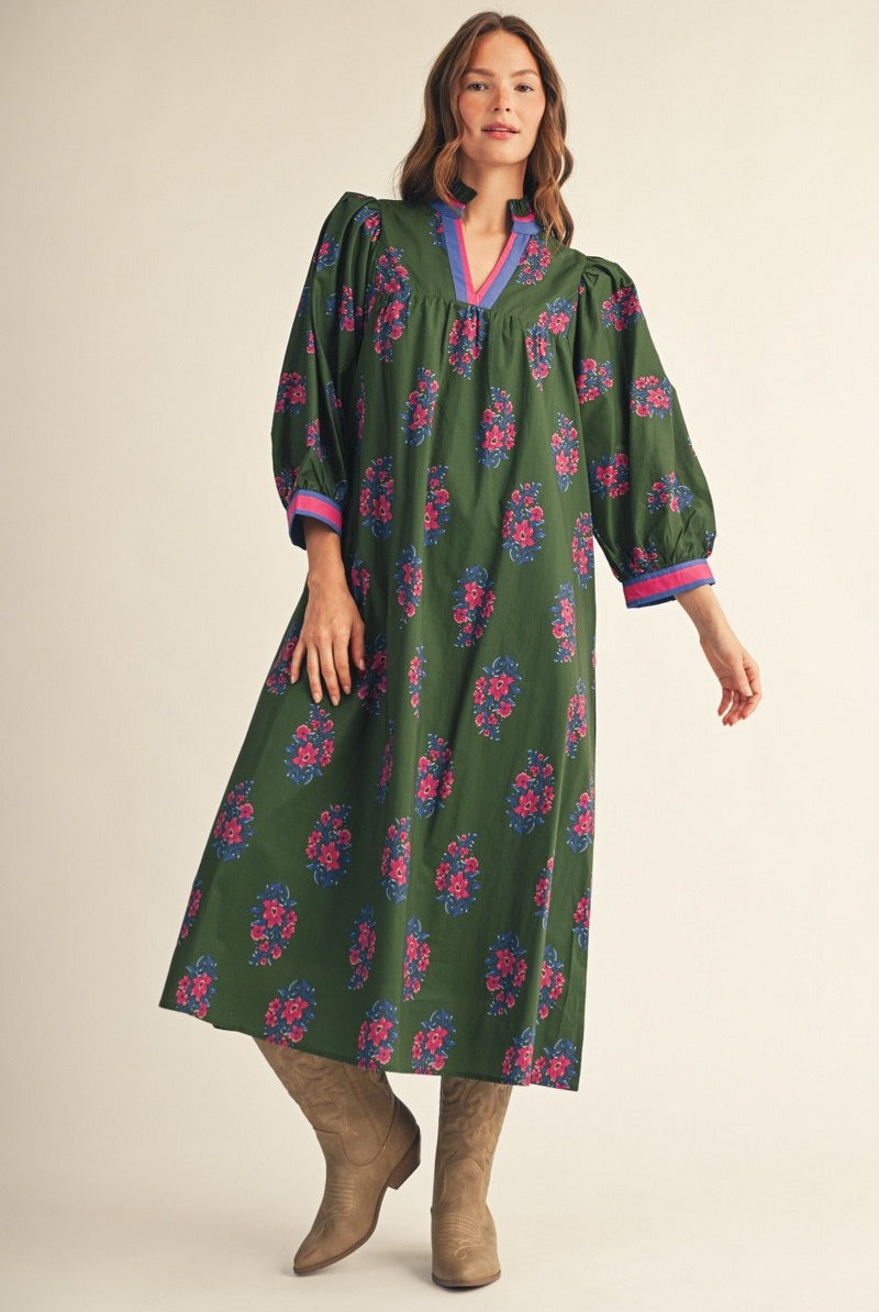 JODIFL Candice floral contrasted trim midi dress with a fitted bodice, floral pattern, and elegant hemline, perfect for dressy occasions.