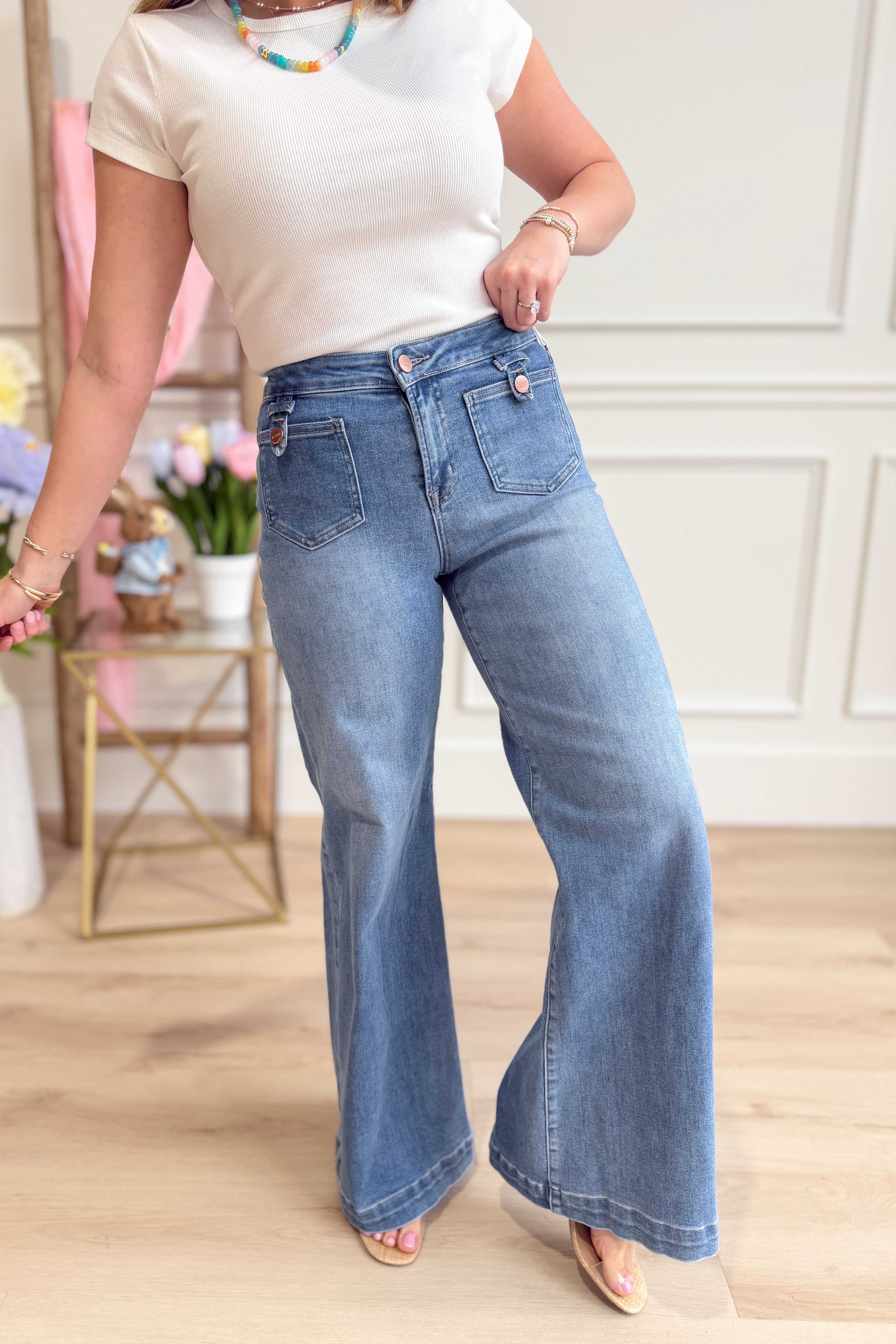 RISEN Jared mid-rise patch pocket wide-leg jeans in 146 Core style, showcasing the relaxed fit and denim fabric.