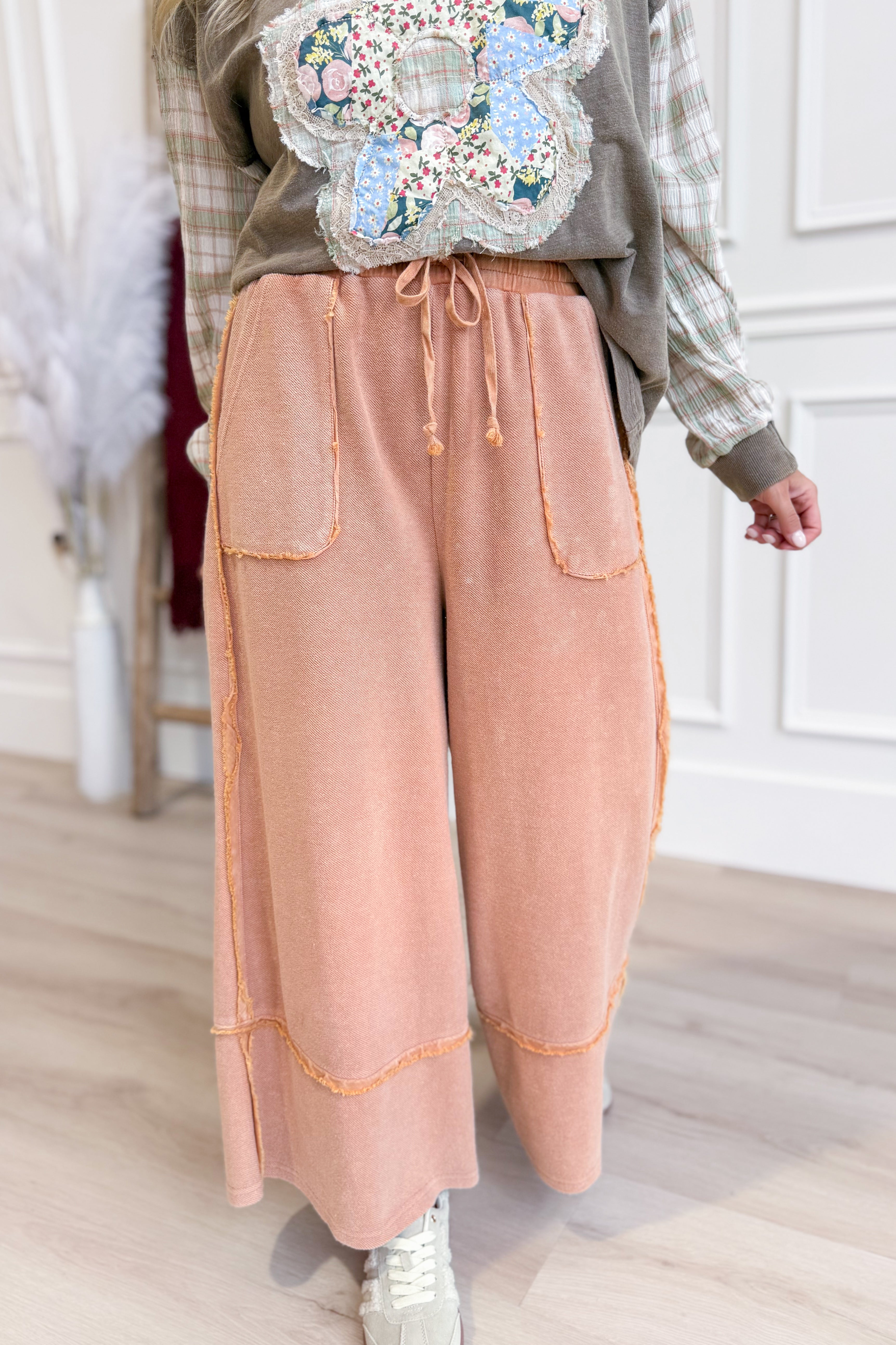 EASEL Caris Mineral Washed Upside Down Terry Knit Wide Leg Palazzo Pants in neutral tones, showing the relaxed fit and wide silhouette.