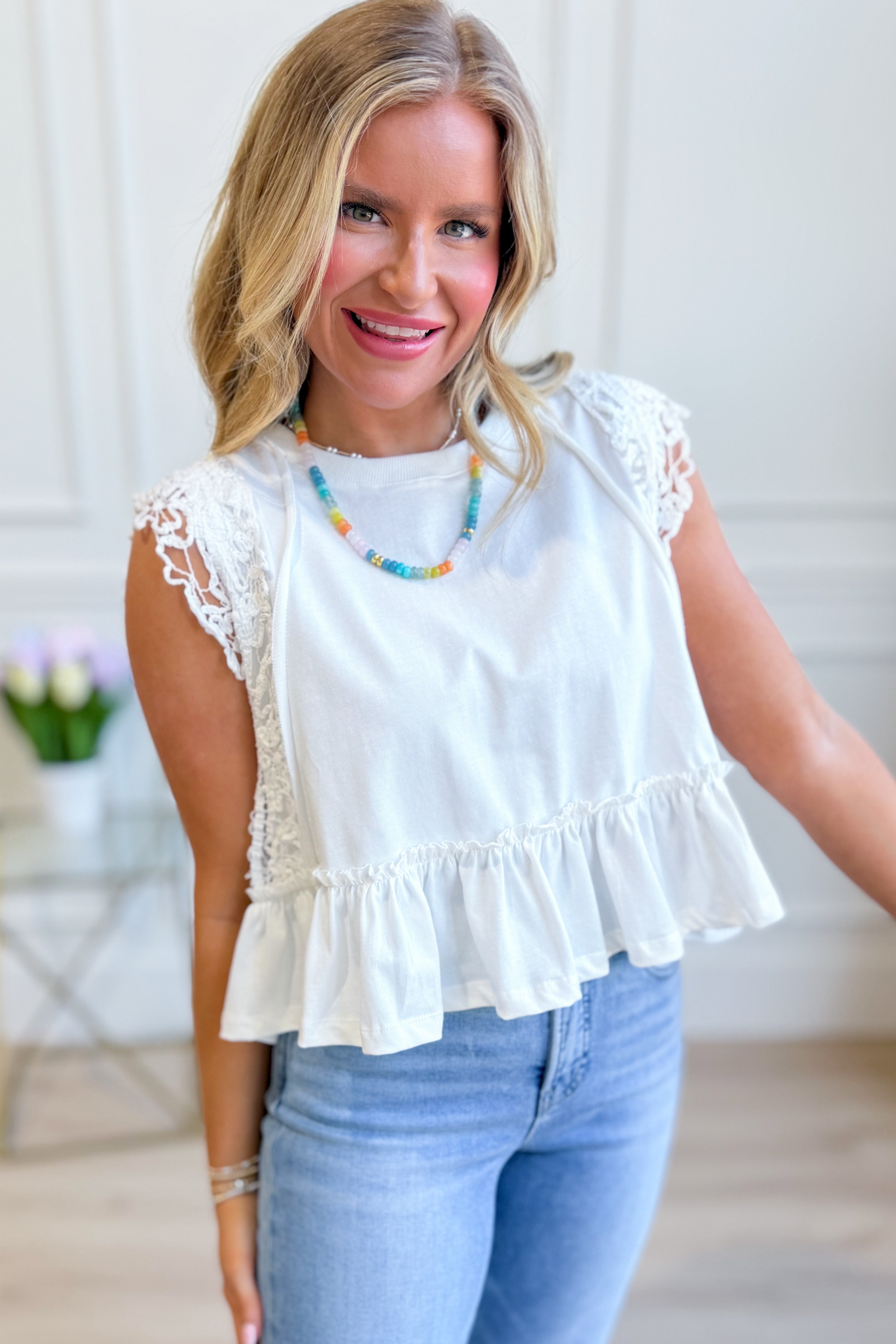 EE:SOME Tracey side lace trim ruffle top, casual women's top with delicate lace details and ruffled design, in a stylish casual fit