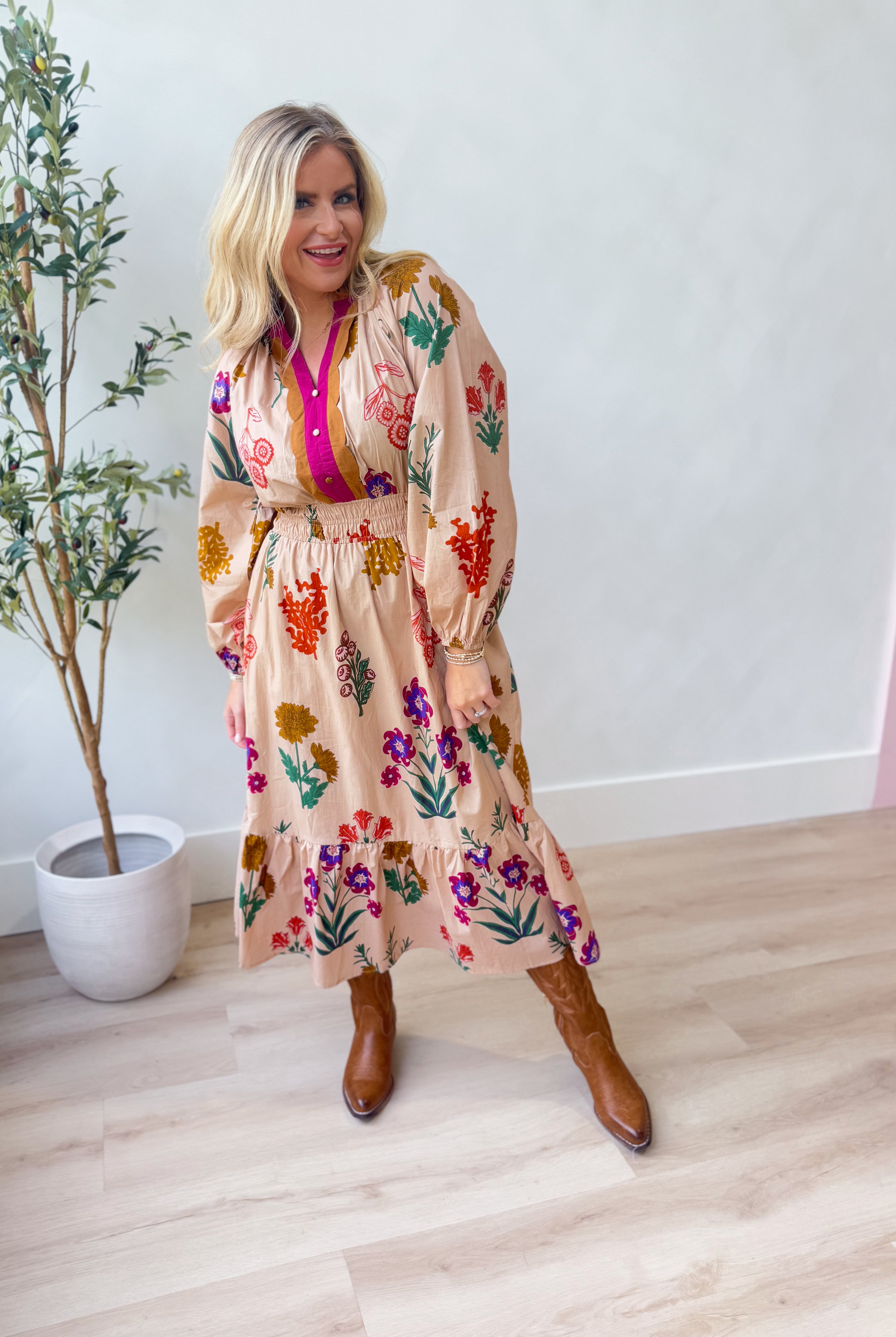 London Floral Printed Smocked Waist Midi Dress - Be You Boutique