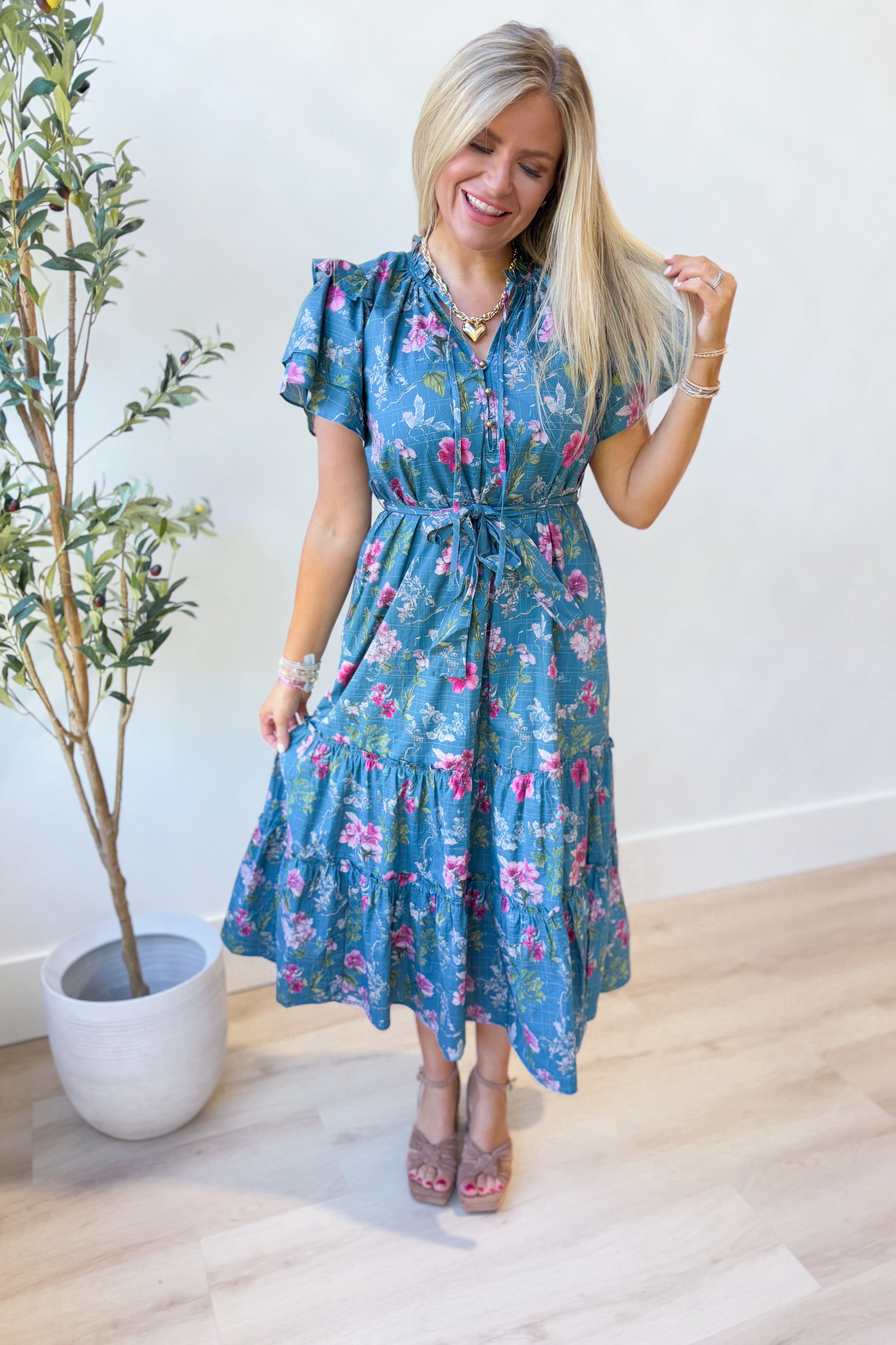 Katherine Floral Flutter Sleeve Dress - Be You Boutique