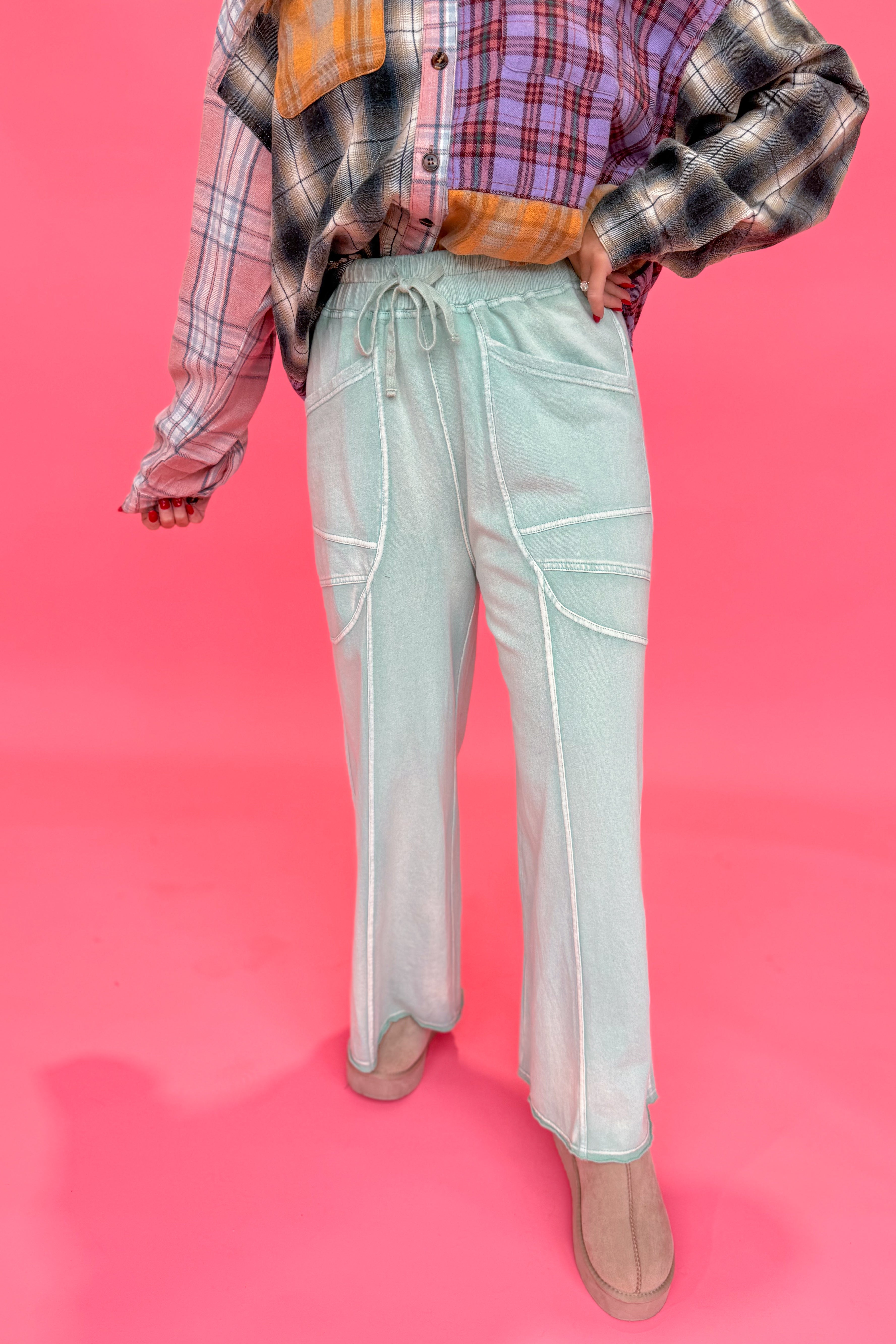 EASEL Luke washed terry knit wide-leg pants in a relaxed fit, shown in a casual, neutral-colored fabric.