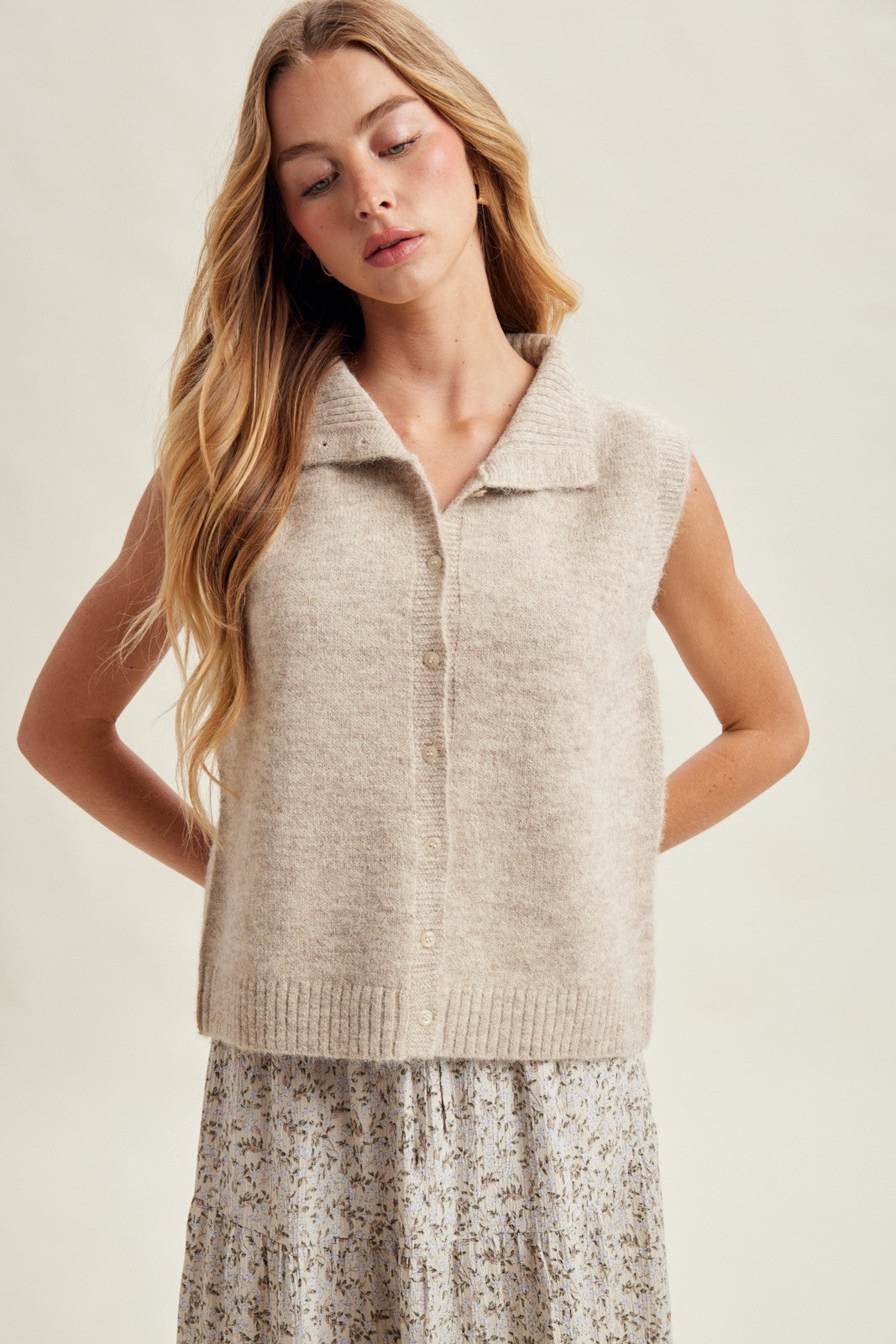 Wishlist Priya collared button-down sweater vest from the 132 Fall Sweaters collection, featuring a classic collar and button details.