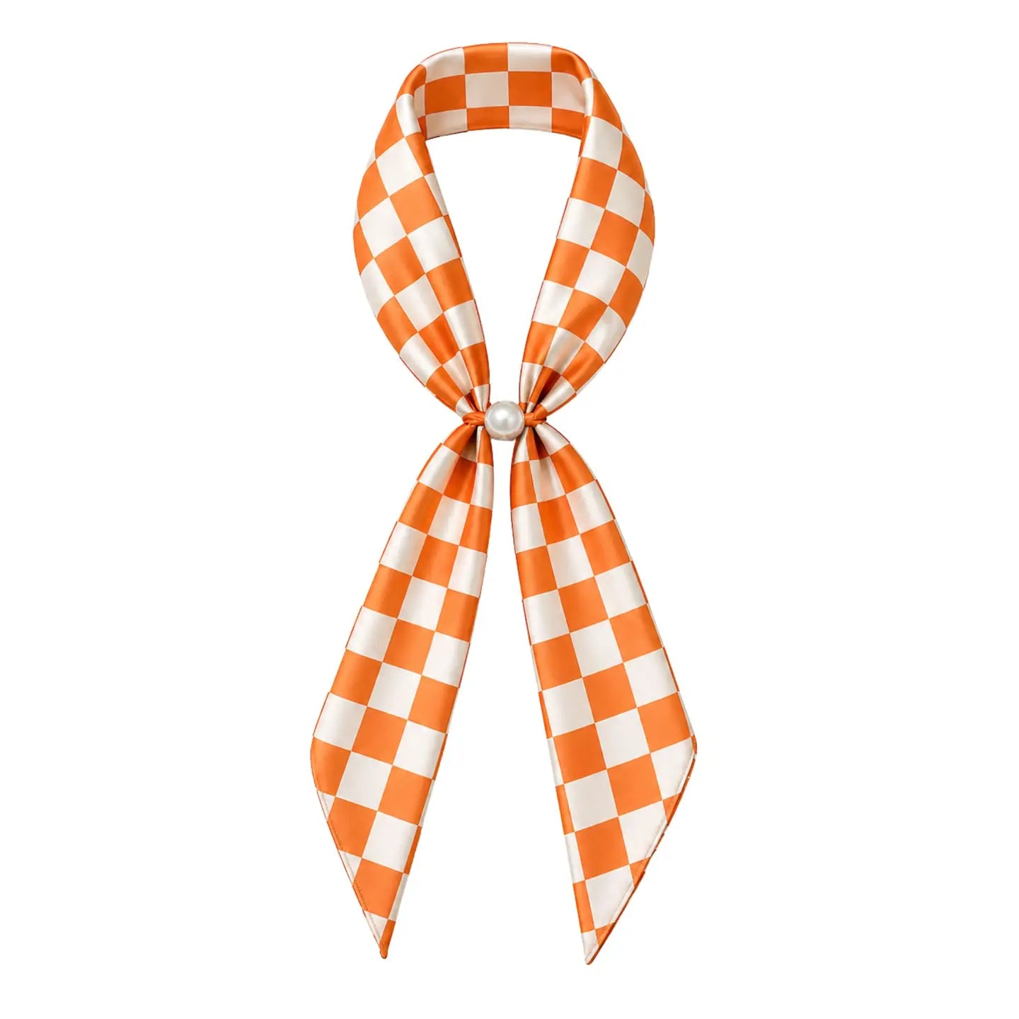 Orange checkered game day scarf necklace with QUEENS DESIGNS branding, featuring a stylish accessory for sports fans.