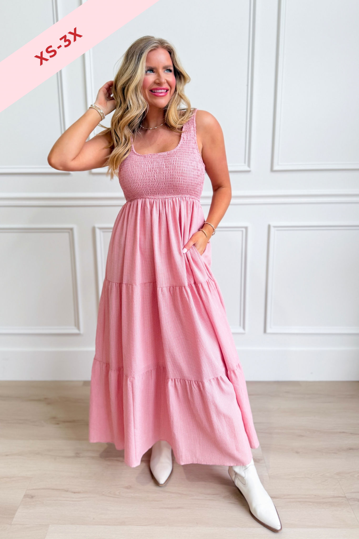 Pink gingham midi dress by BAEVELY featuring a stylish, dressy design with a fitted waist and flowy skirt.