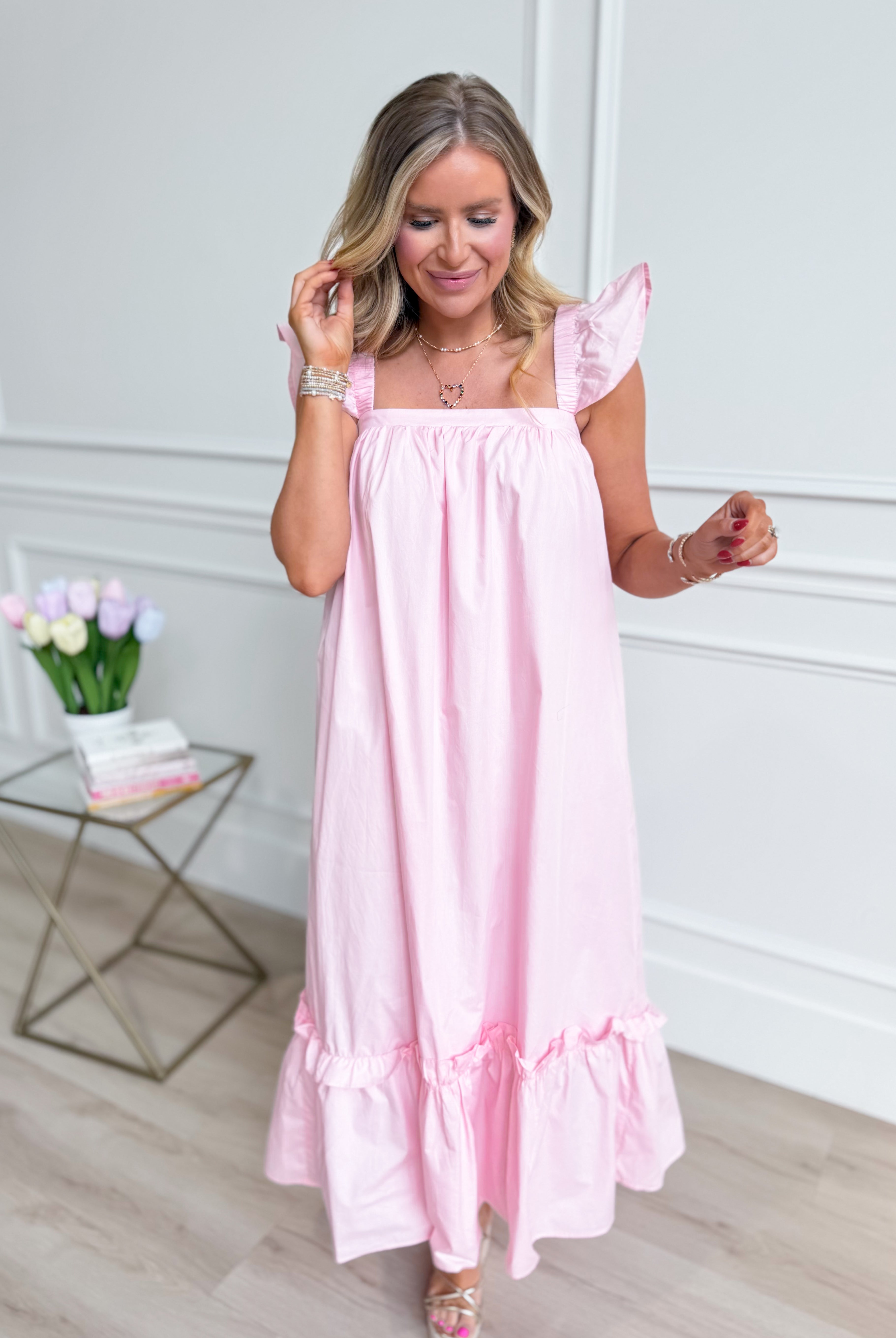 TCEC Folly Baby Pink Flutter Sleeve Midi Dress with casual style, lightweight fabric, and feminine design, perfect for spring and summer.