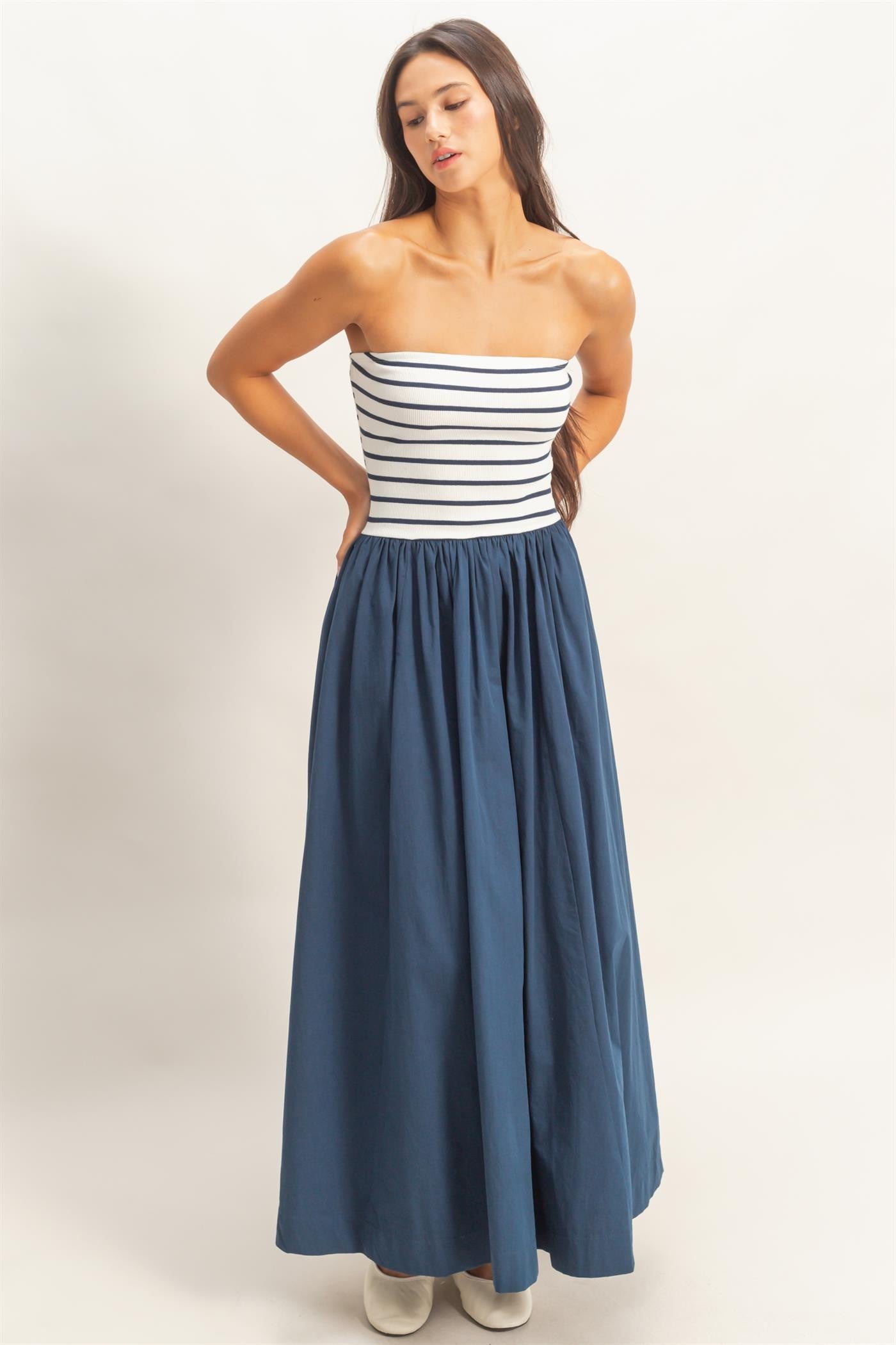 HYFVE Moana striped strapless midi dress with casual style, featuring a fitted bodice and flowing skirt in vibrant stripes.