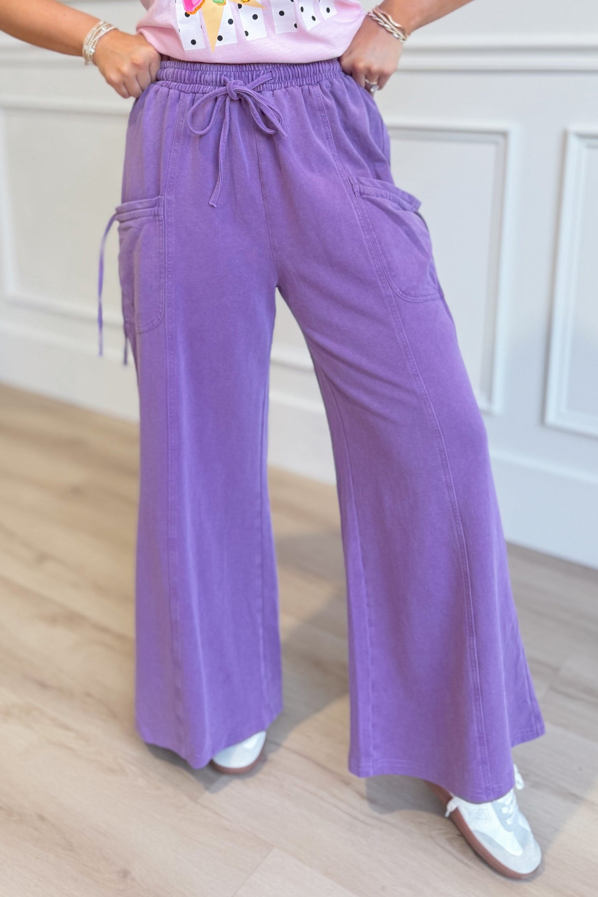 EASEL Lilly purple mineral washed terry knit pant with relaxed fit and drawstring waist, casual loungewear for comfortable style.