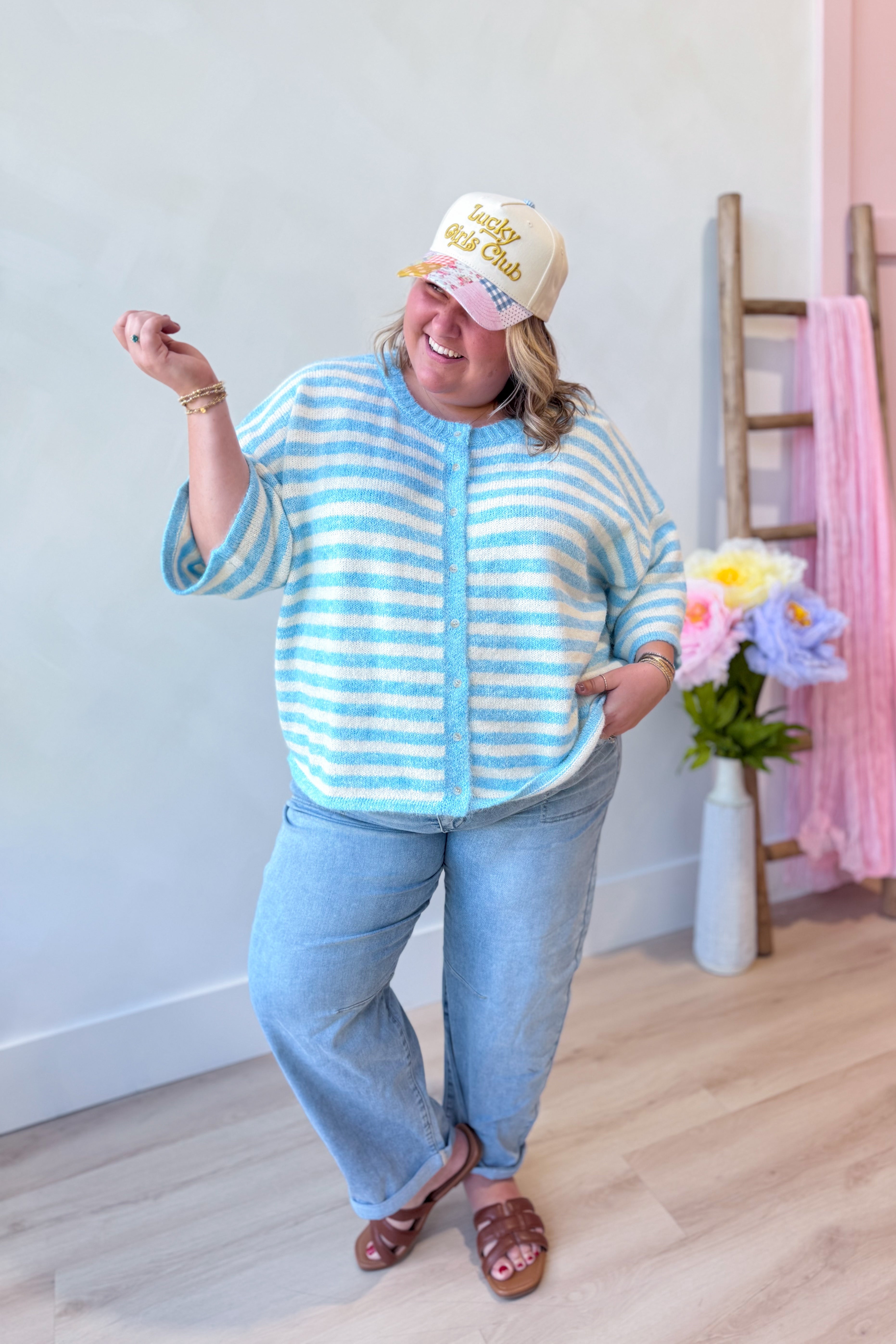 Lauren blue striped button-down cardigan top from BAEVELY, featuring a relaxed fit and spring-ready sweater style.