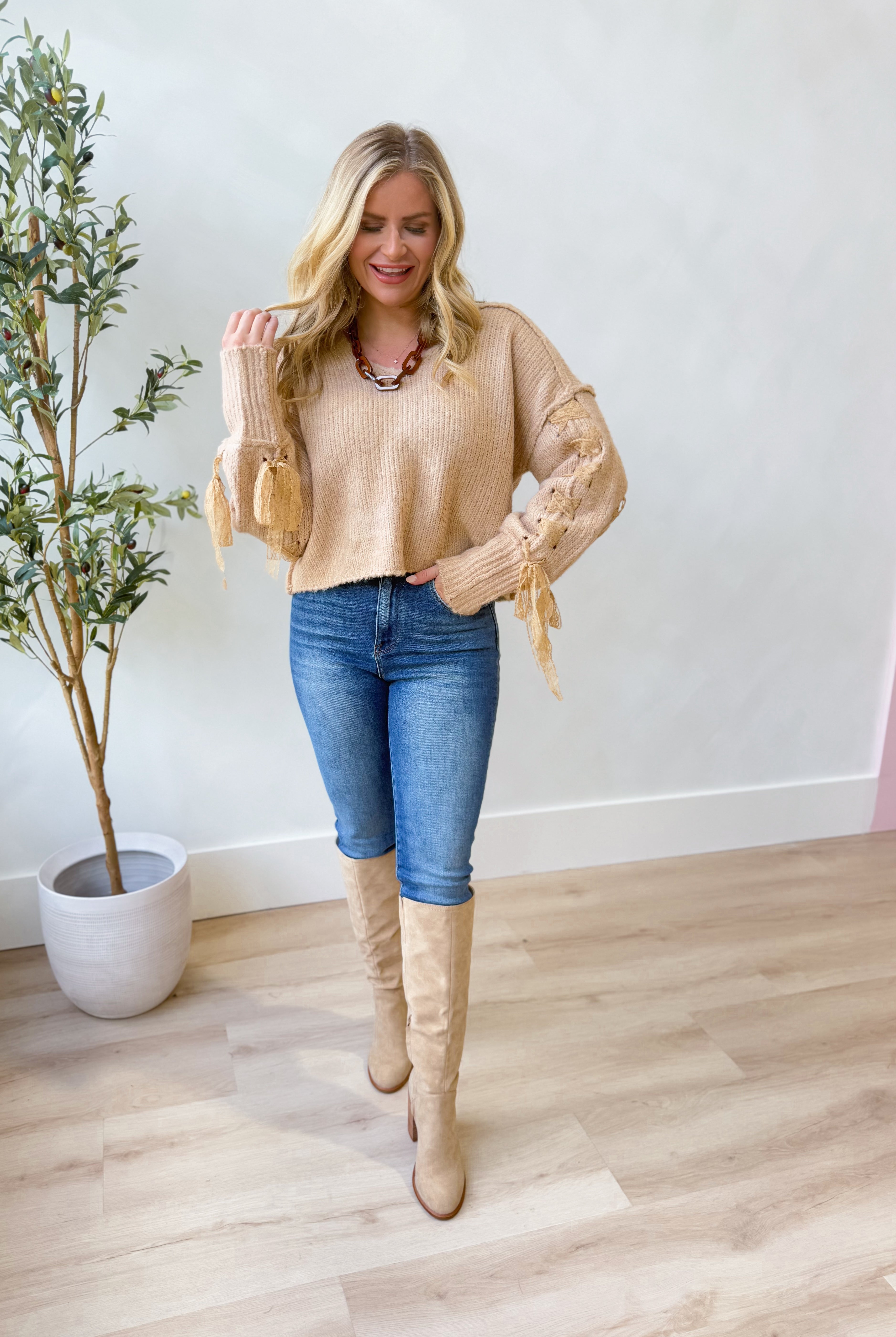 Karen Lace Up Cropped Knitted Sweater - Be You Boutique