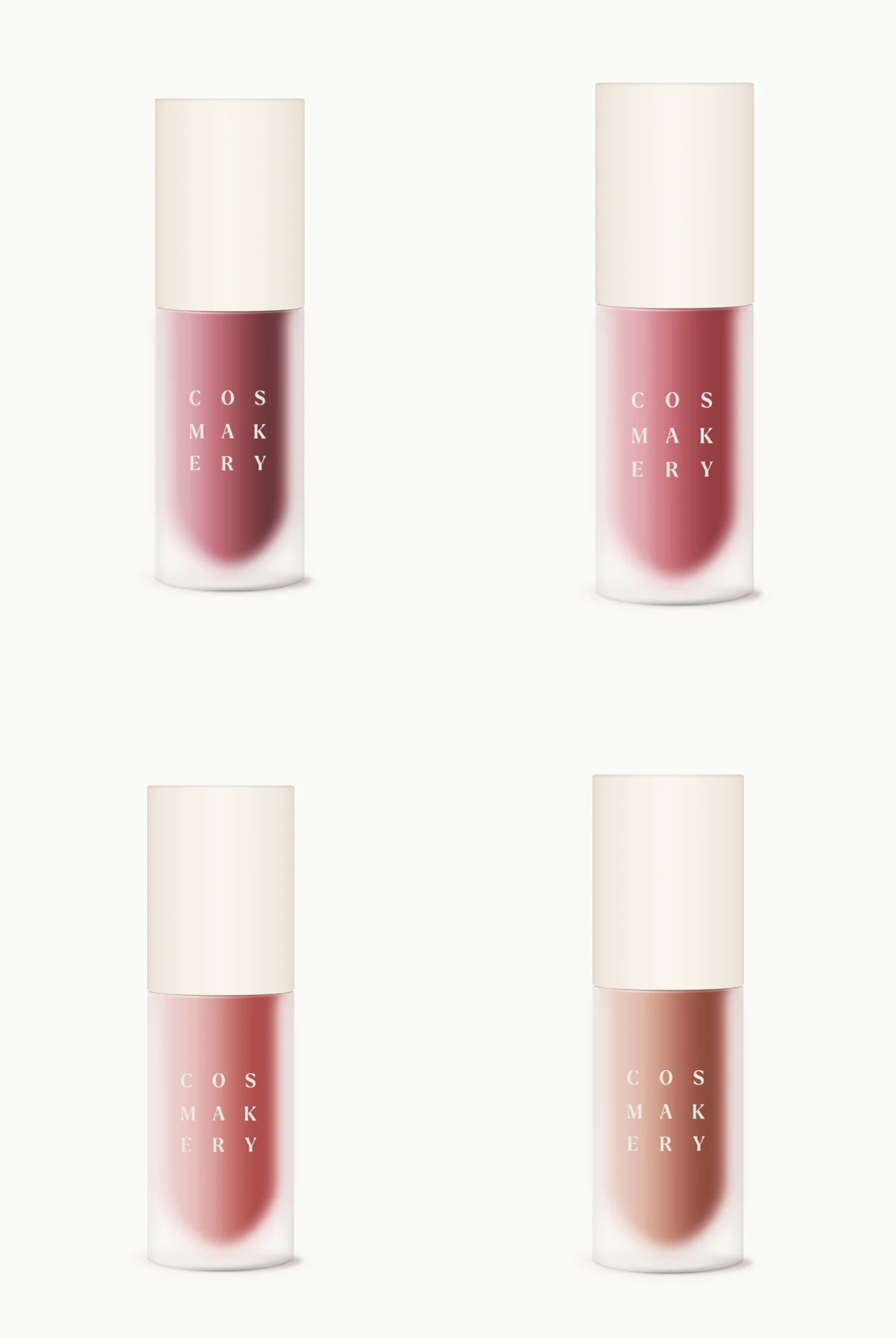 Close-up of COSMAKERY glossy lip serum applicator with shiny, smooth finish and clear packaging showing the product inside.