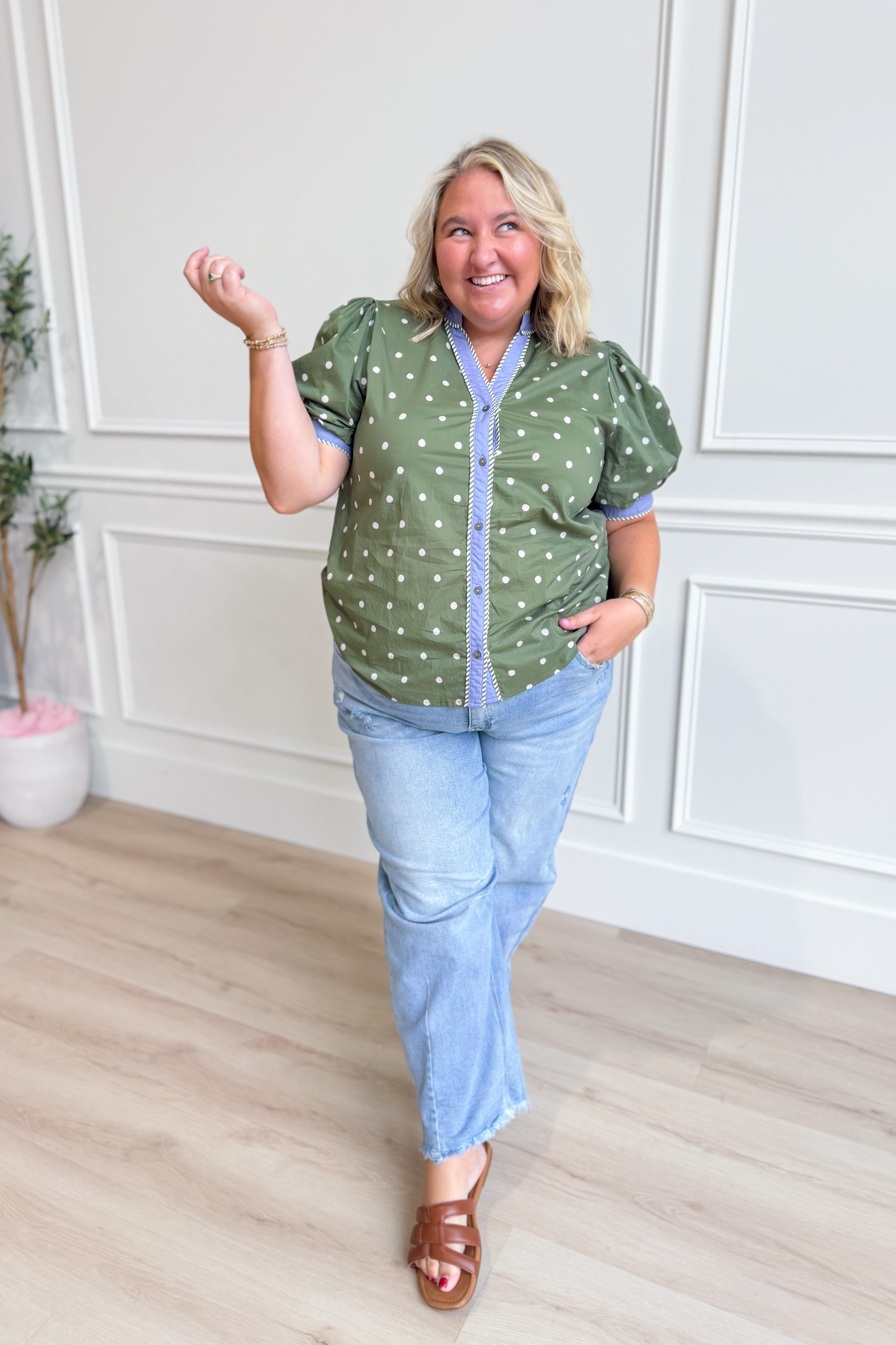ENTRO Katie Polka Dot Split Neck Top, stylish dressy blouse with polka dots and split neckline, perfect for elegant casual wear.