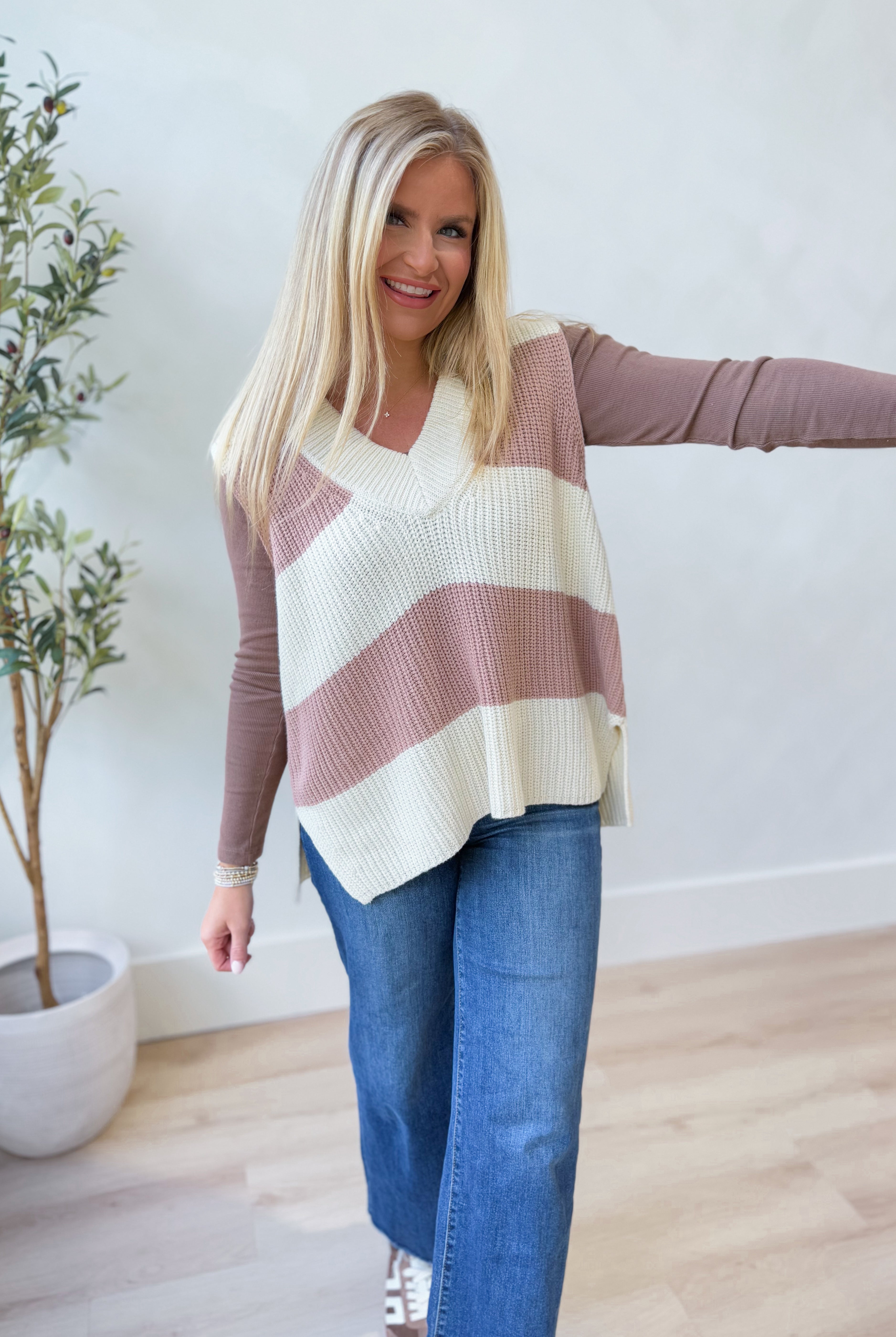 Caroline Striped Sleeveless Sweater Top - Be You Boutique