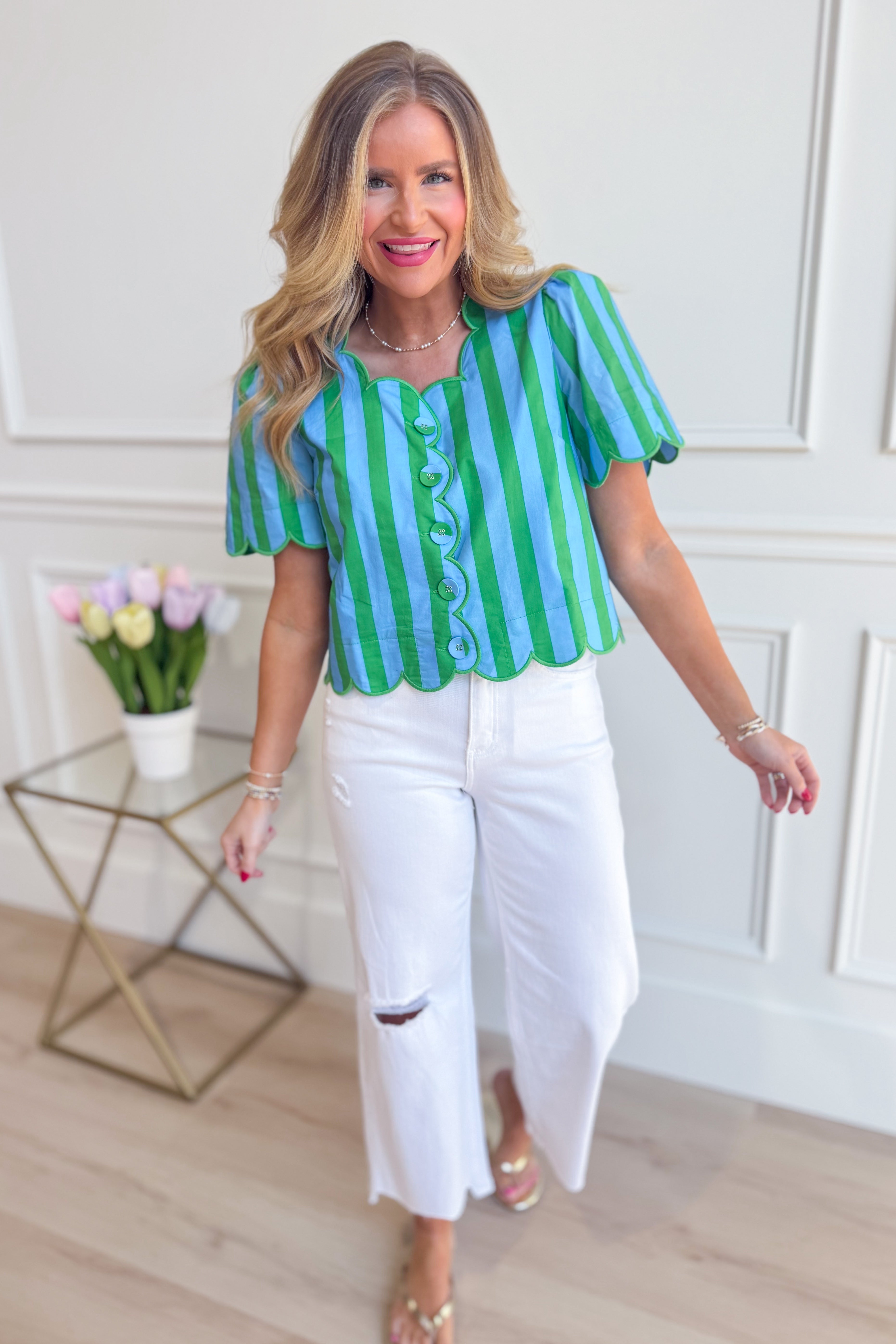 ENTRO Connie striped scallop trim casual top with short sleeves and relaxed fit, featuring colorful horizontal stripes and scallop edges.