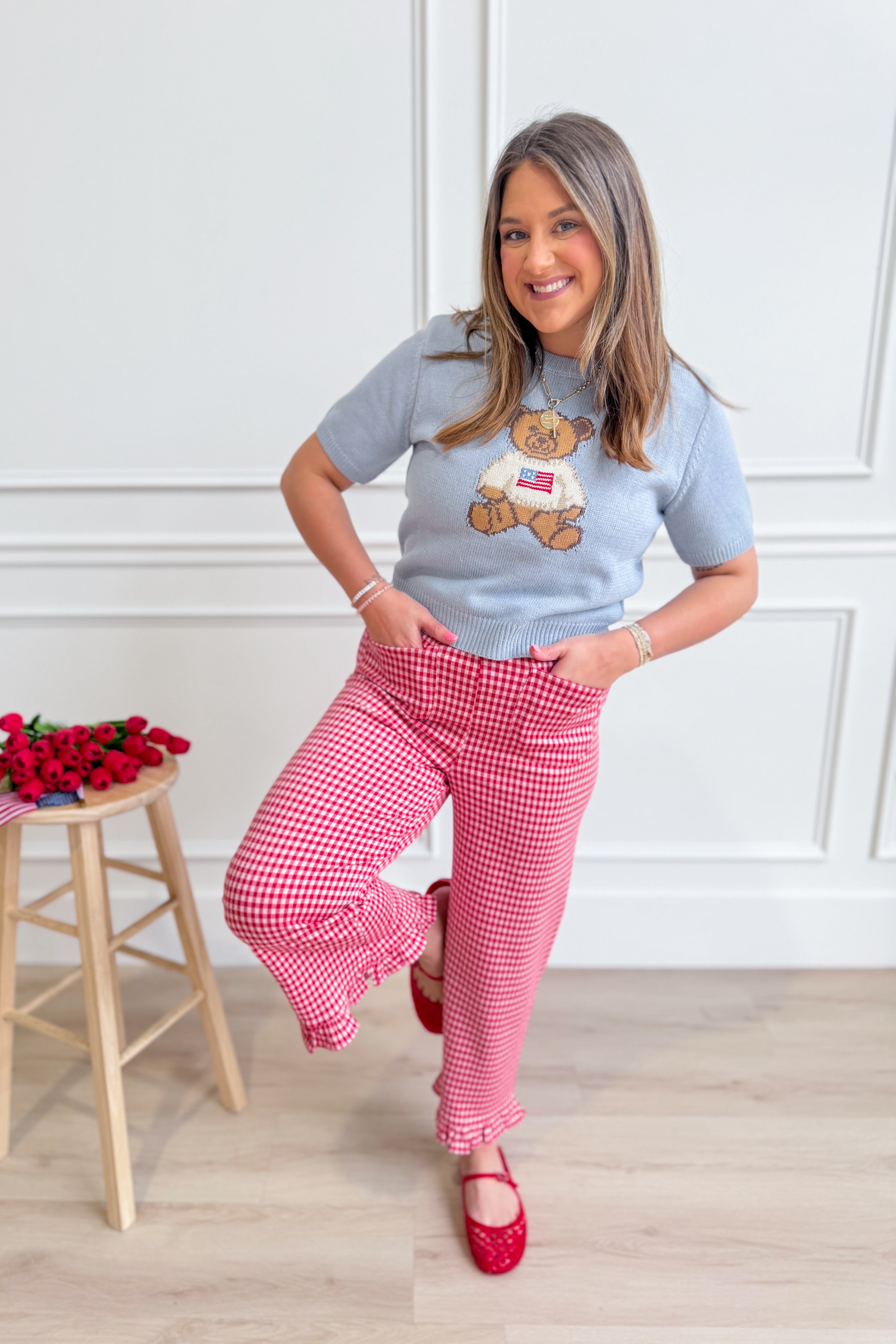 EE:SOME Cayden Bear Sweater Top from 131 Spring Sweaters collection, featuring a cozy knit with bear design in soft pastel colors.