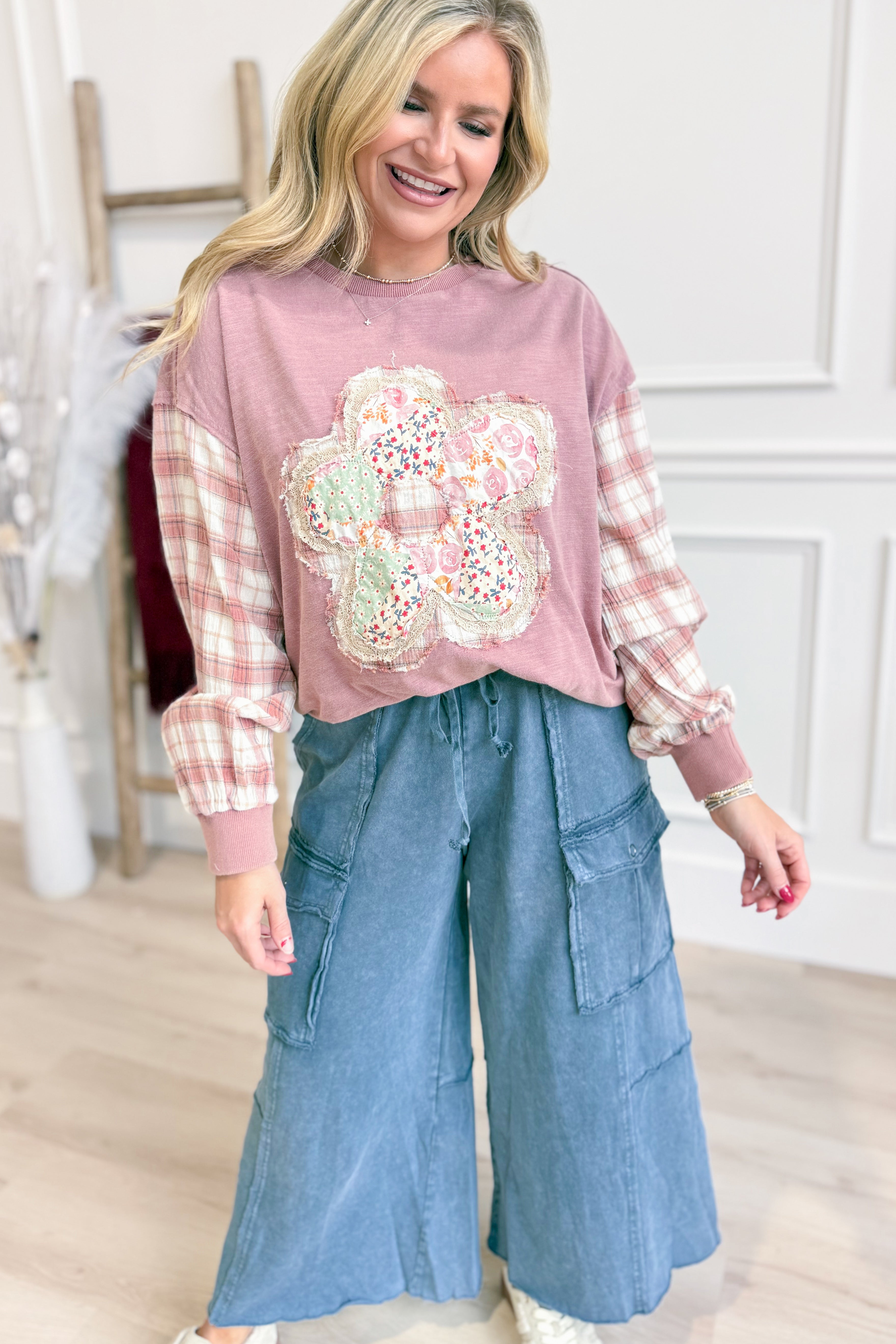 Sonya Plaid Sleeve Flower Patch Top - Be You Boutique