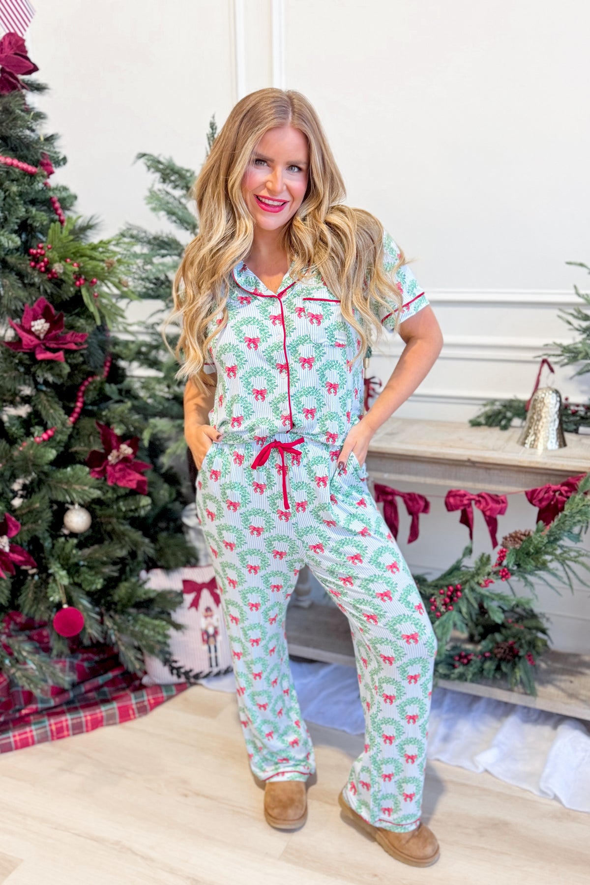 Mary Square Charlotte Holiday Wreath pajama short sleeve set with festive wreath print and matching pants