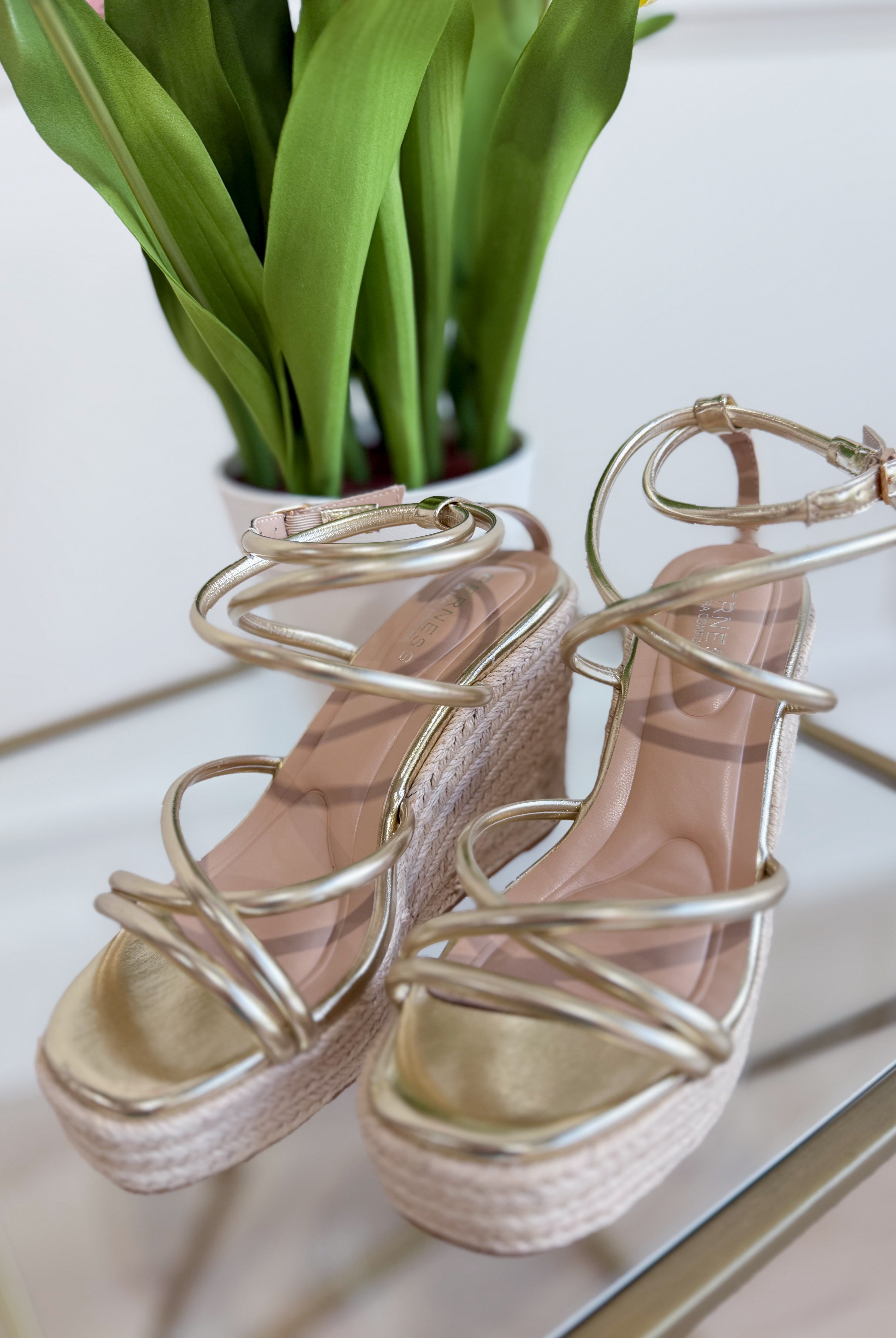 Berness Rhea Gold Wedge Sandal with ankle strap and chunky heel, stylish 212 other shoes for summer wear.