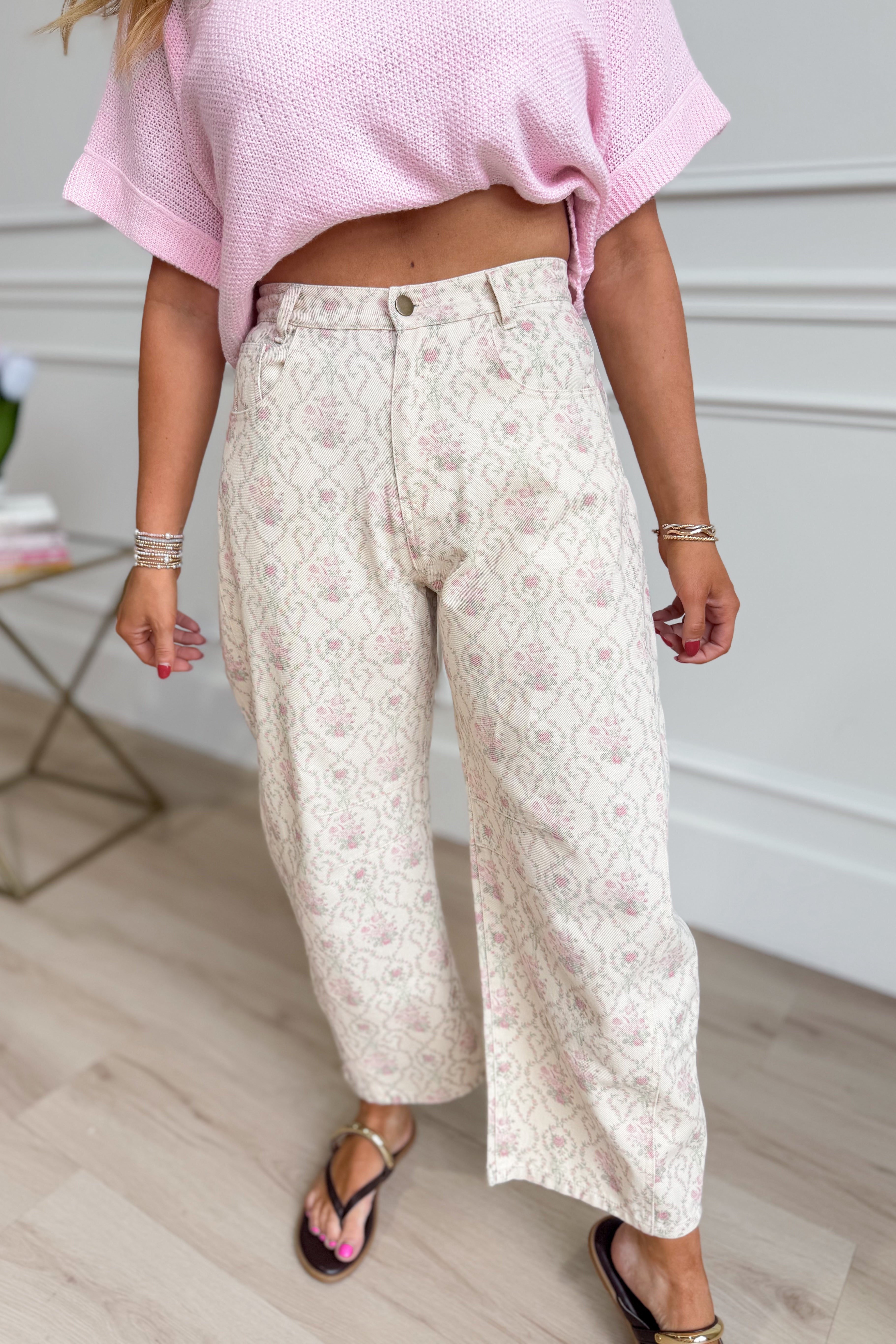 Peach Love Ruth Baroque Floral Twill Barrel Pant from 147 Novelty Jeans, showcasing floral patterned twill fabric and relaxed fit.