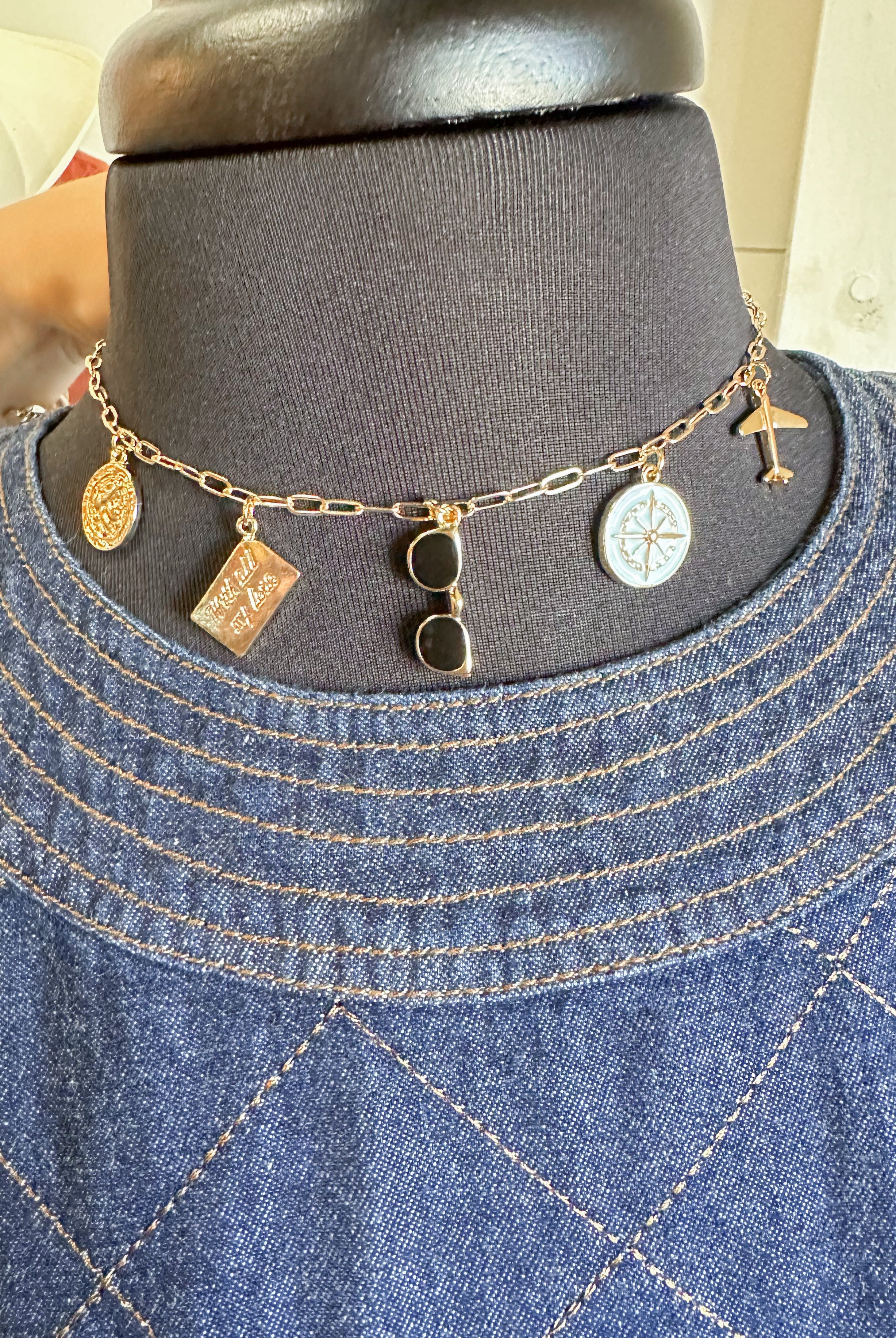 Charm Necklace ~ Gold "Travel" Sunglasses / Airplane Charm Necklace - Be You Boutique