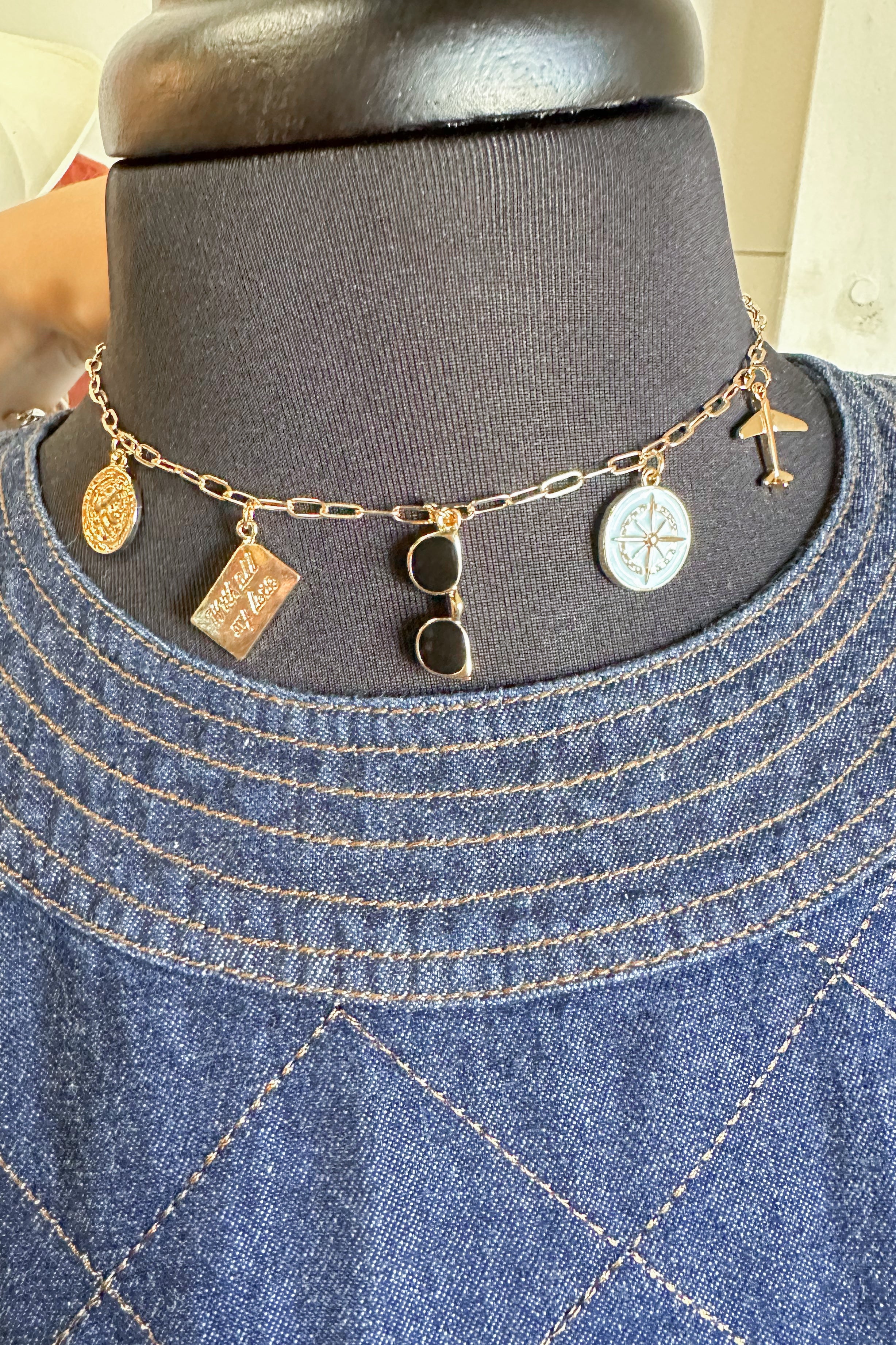 Charm Necklace ~ Gold "Travel" Sunglasses / Airplane Charm Necklace - Be You Boutique