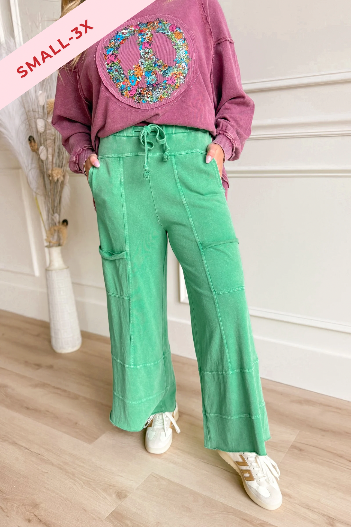 EASEL Bradley mineral washed terry knit wide-leg pants in neutral tones, shown flat with relaxed fit and wide leg silhouette.