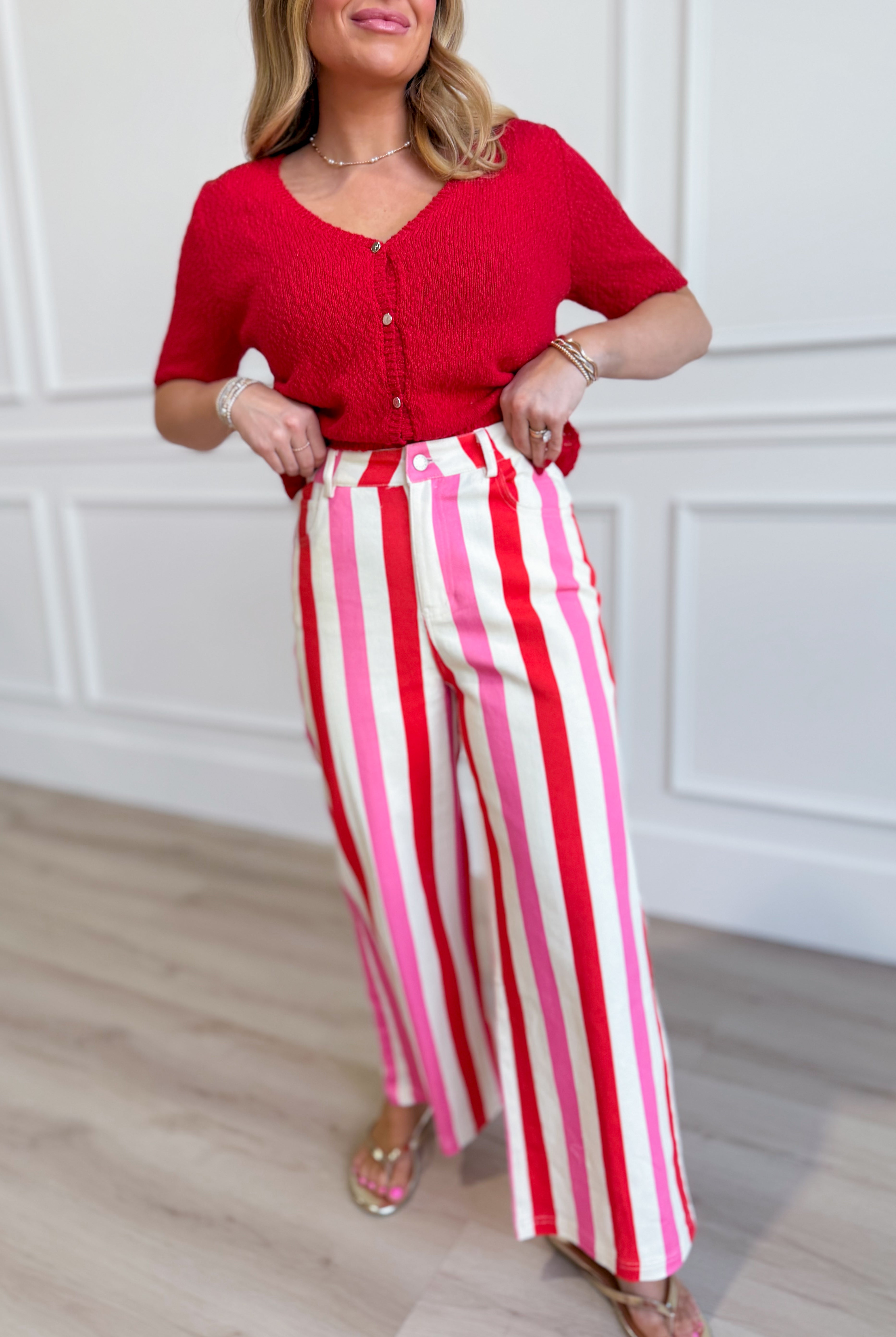 ENTRO Posie Pink Striped Straight Leg Pants from 147 Novelty Jeans collection, featuring pink and white stripes and a relaxed fit.