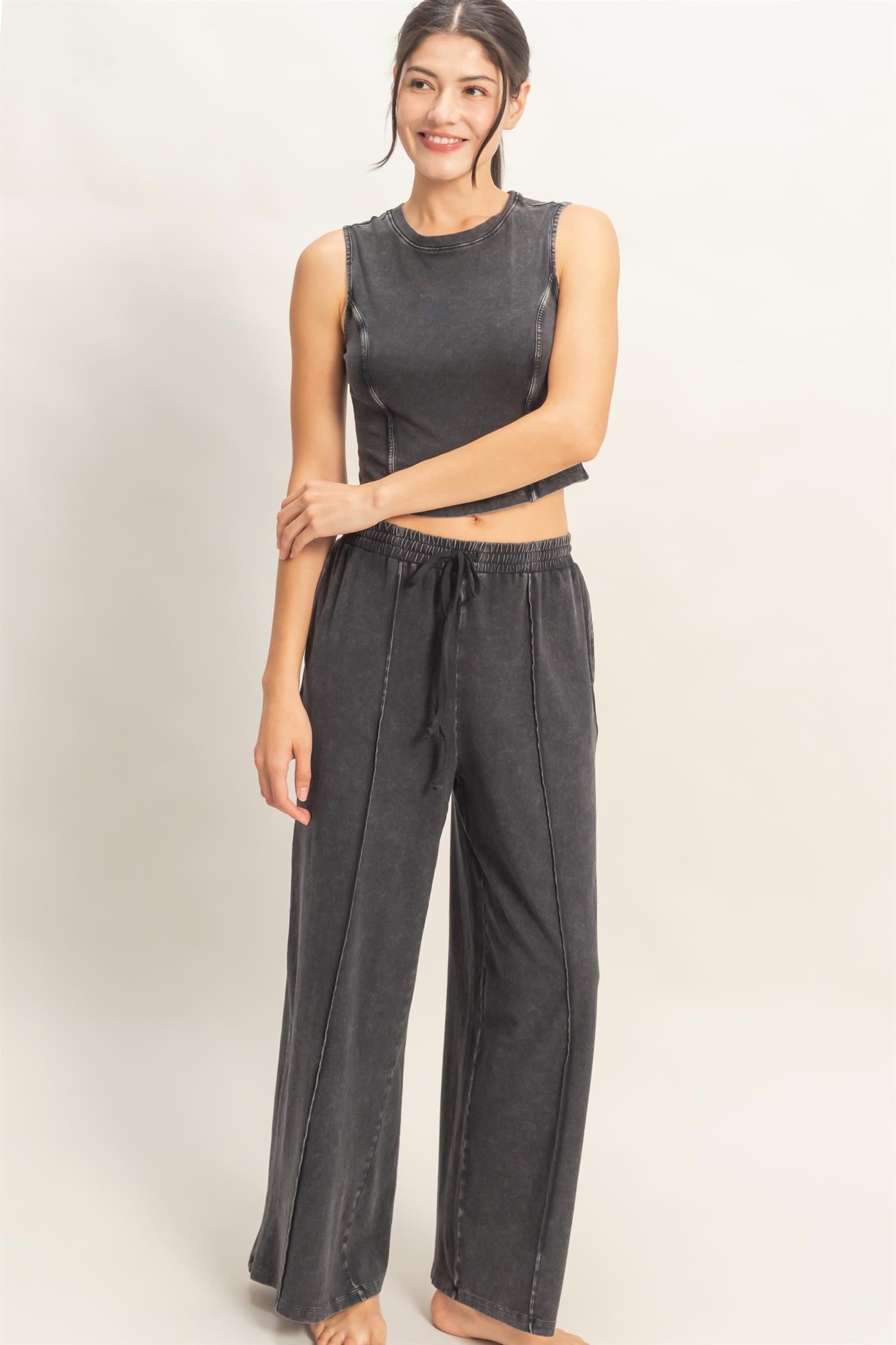 HYFVE Cindy Black Mineral Washed Pant Set featuring 156 stylish pants and matching top, casual and comfortable for everyday wear.