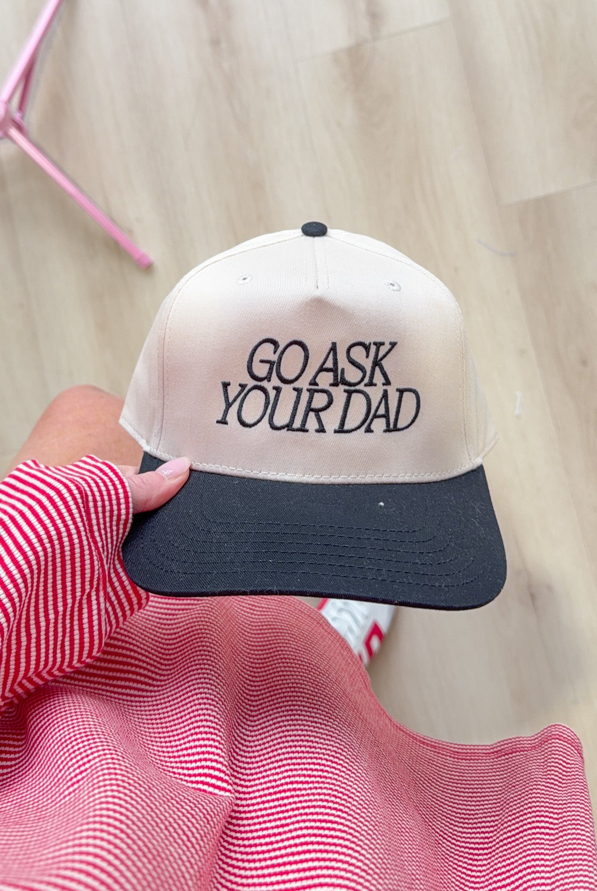 ETTA & EAST Go Ask Your Dad trucker hat with mesh back and embroidered front panel, casual accessory for everyday wear.