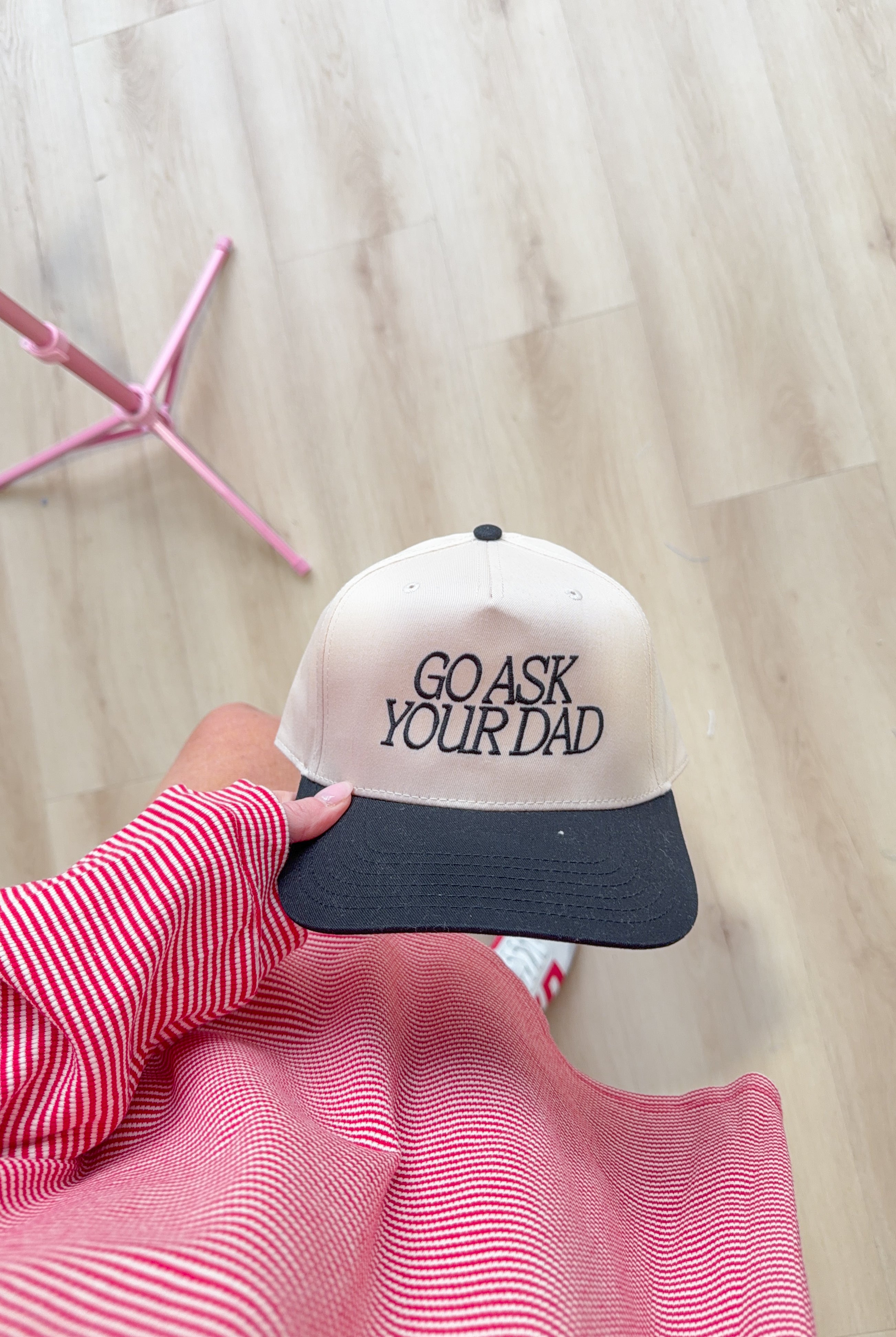 ETTA & EAST Go Ask Your Dad Trucker Hat with mesh back and adjustable strap, casual stylish accessory for everyday wear.
