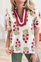 Hadley Floral Printed Solid Trim Top - Be You Boutique