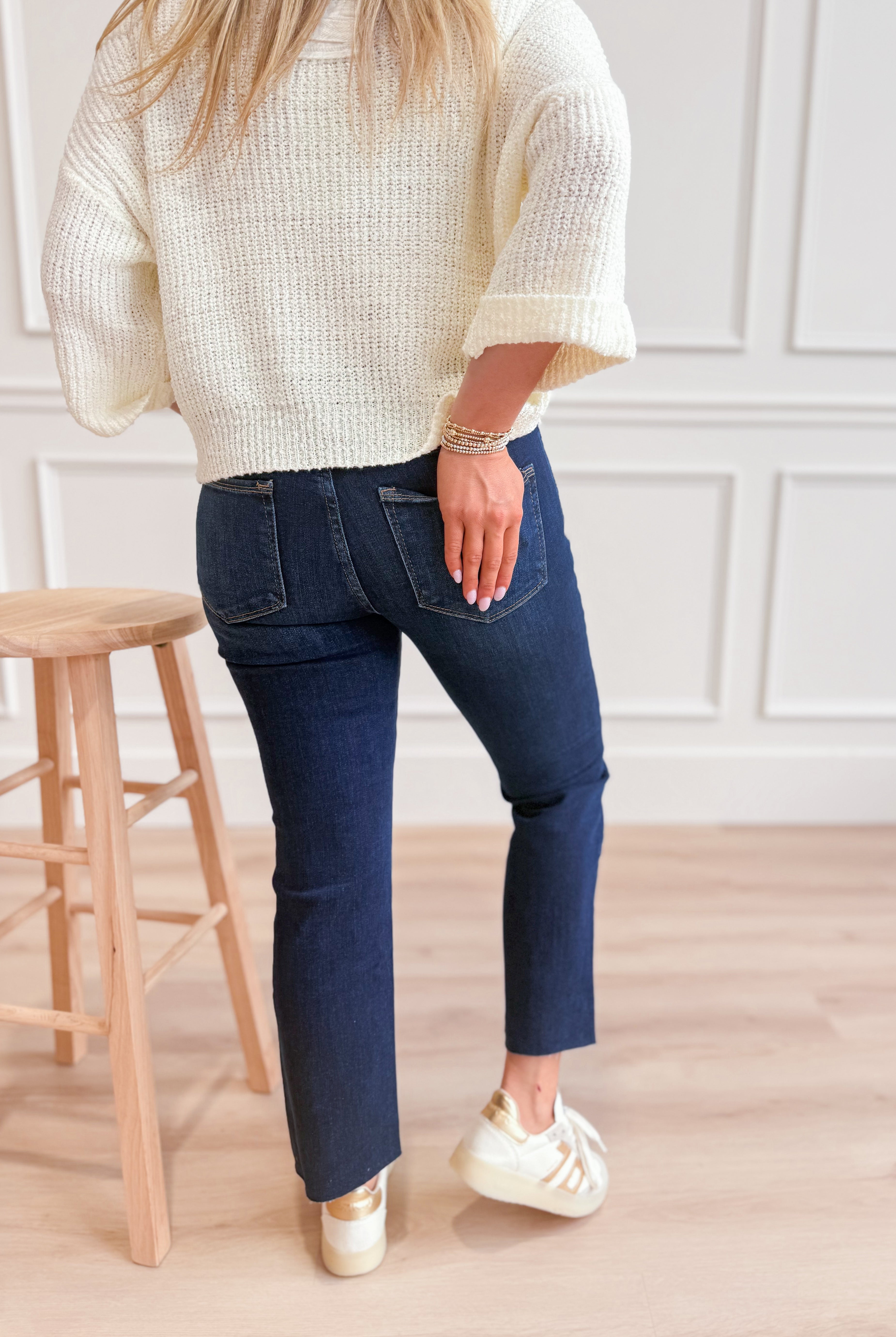 Risen John mid-rise straight raw edge jeans in dark wash with distressed details, front view, size 1-3X, 146 Core Jeans.