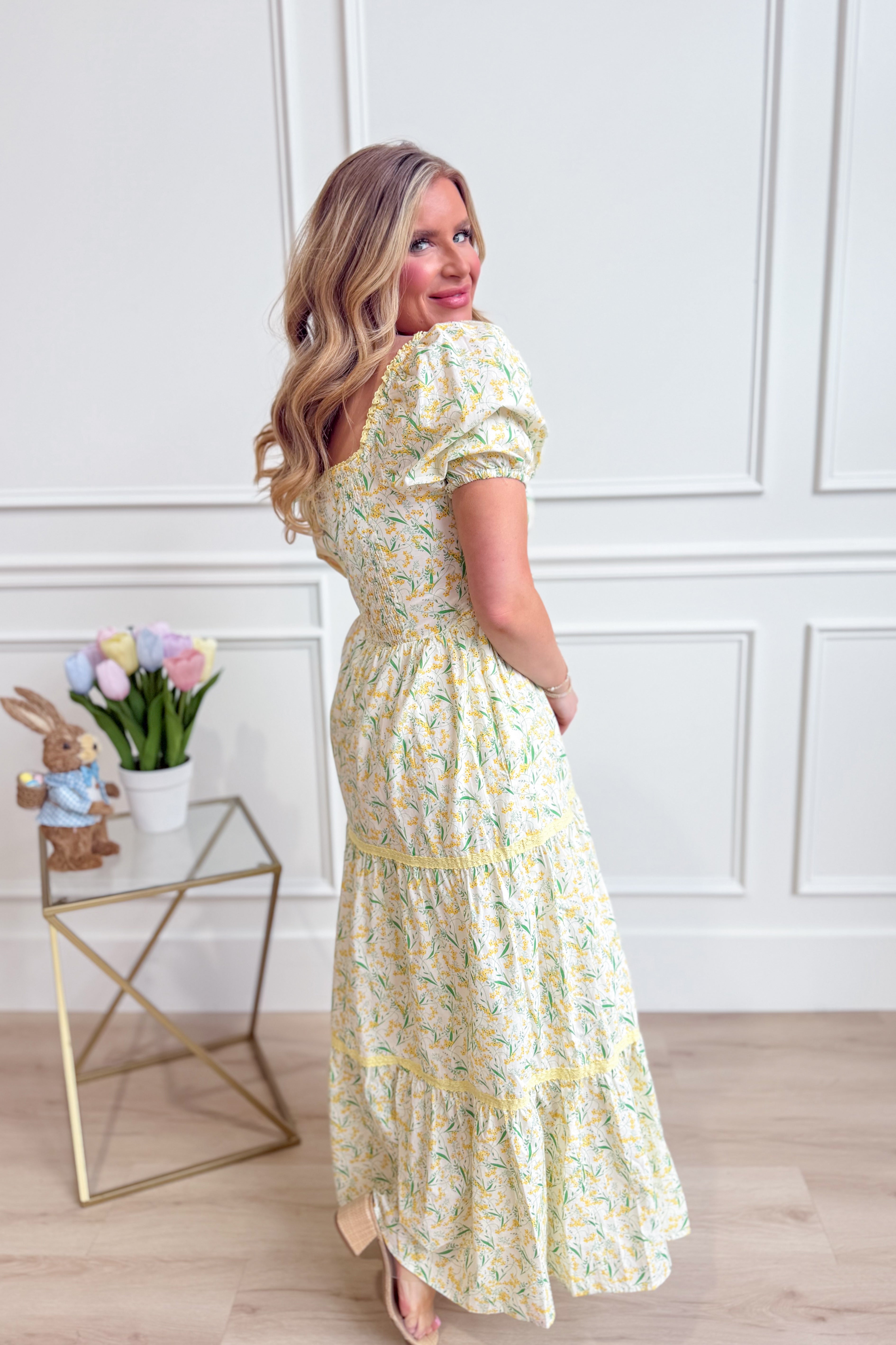 IN LOOM Bloom floral square neck maxi dress displayed in a dressy, elegant style with vibrant floral patterns and flowing fabric.