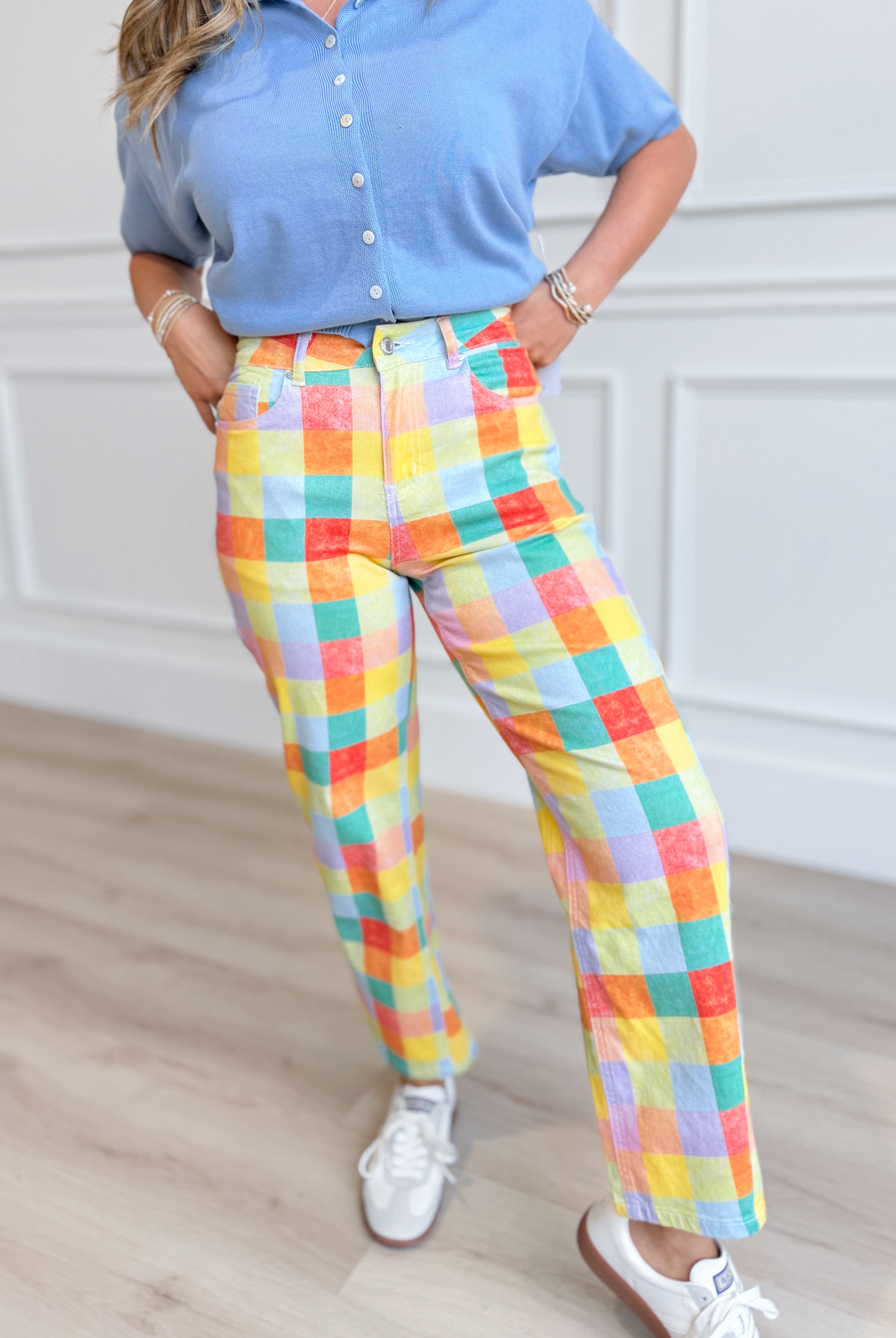 Madras plaid barrel jeans from POPPY & PINE, featuring a relaxed fit and classic 147 novelty denim style.