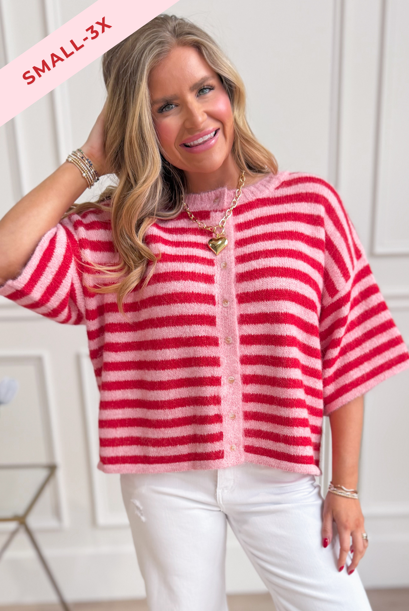Lauren pink striped button-down cardigan top by BAEVELY, 131 spring sweater featuring a cozy, stylish knit with front buttons.