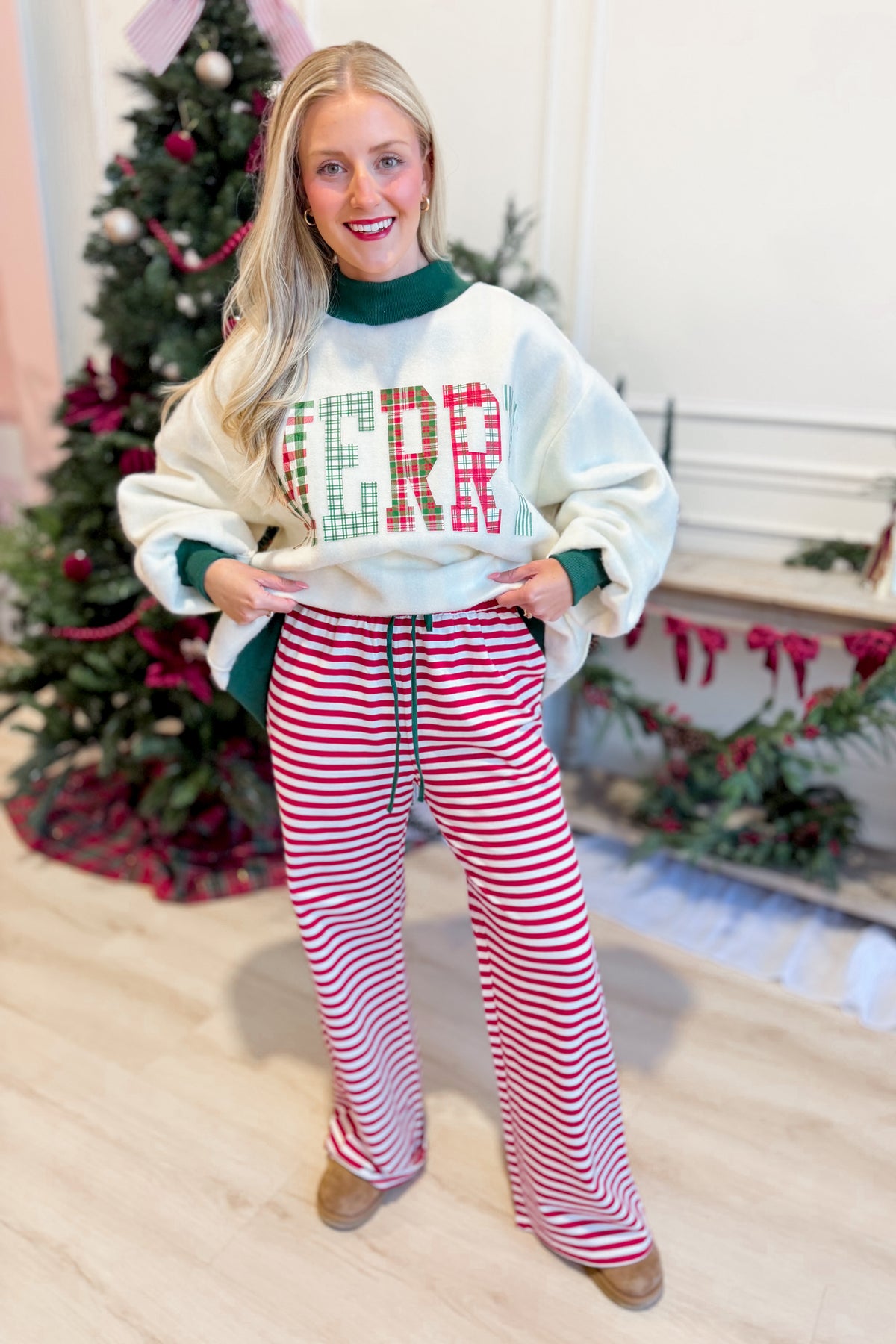 Bucket List Rudy Red Striped Holiday Pant, 156 pants with festive red and white stripes, cozy holiday-themed casual wear