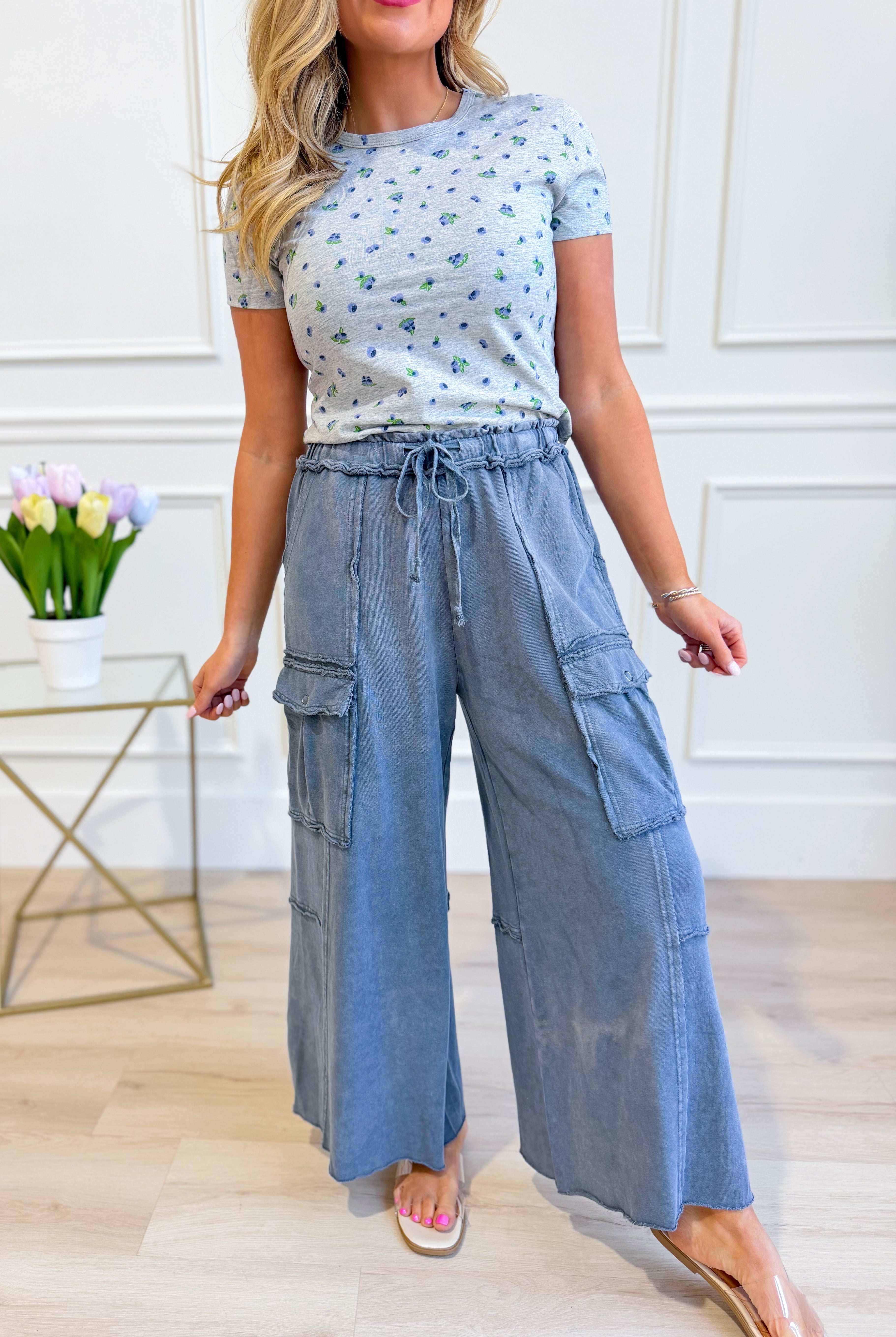 EASEL Mateo Mineral Washed Wide Leg Cargo Pants, 156 Pants, showing relaxed fit and multiple cargo pockets in natural fabric.