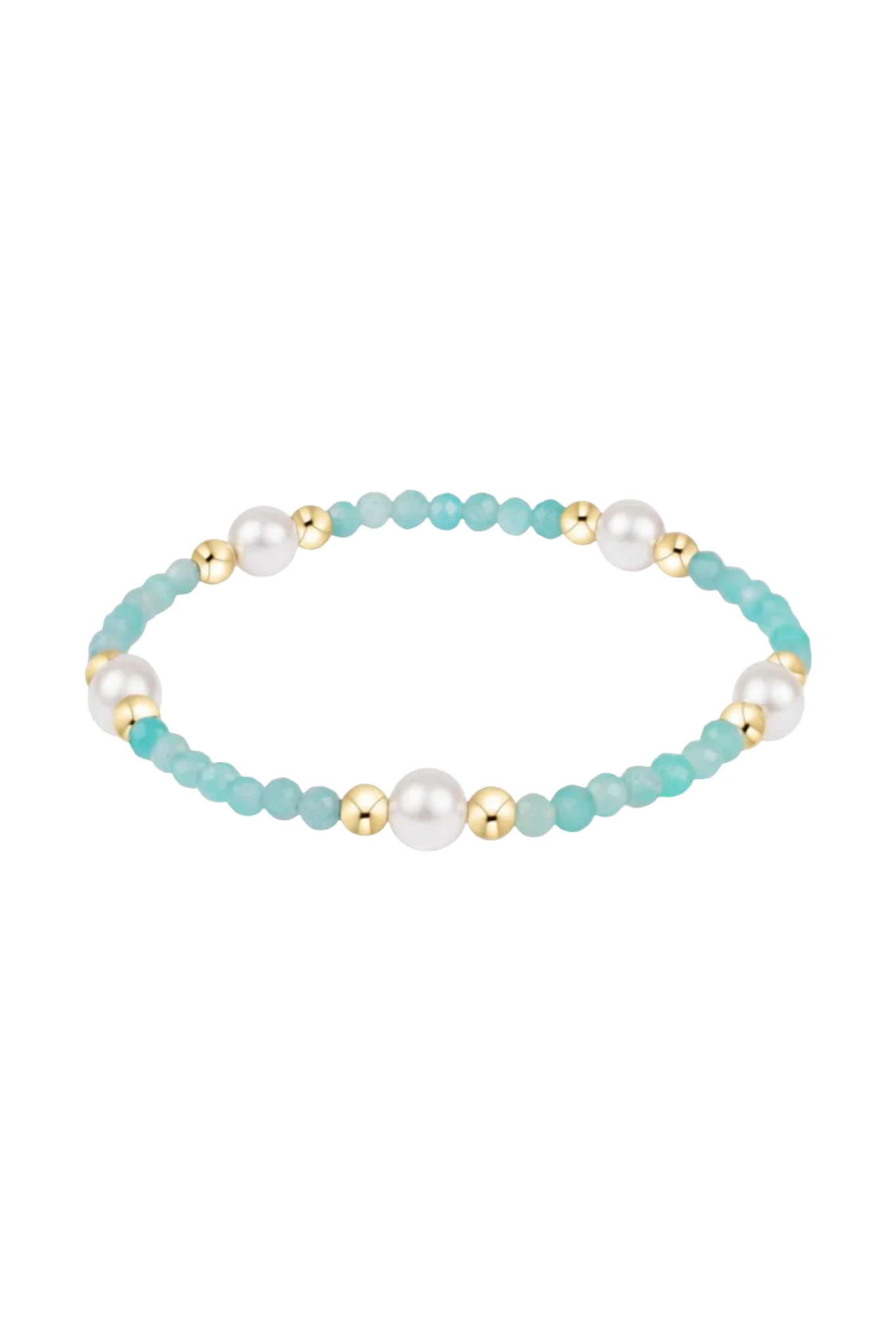Enewton 6mm Amazonite and pearl gold bracelet featuring round beads and a delicate clasp on a white background.