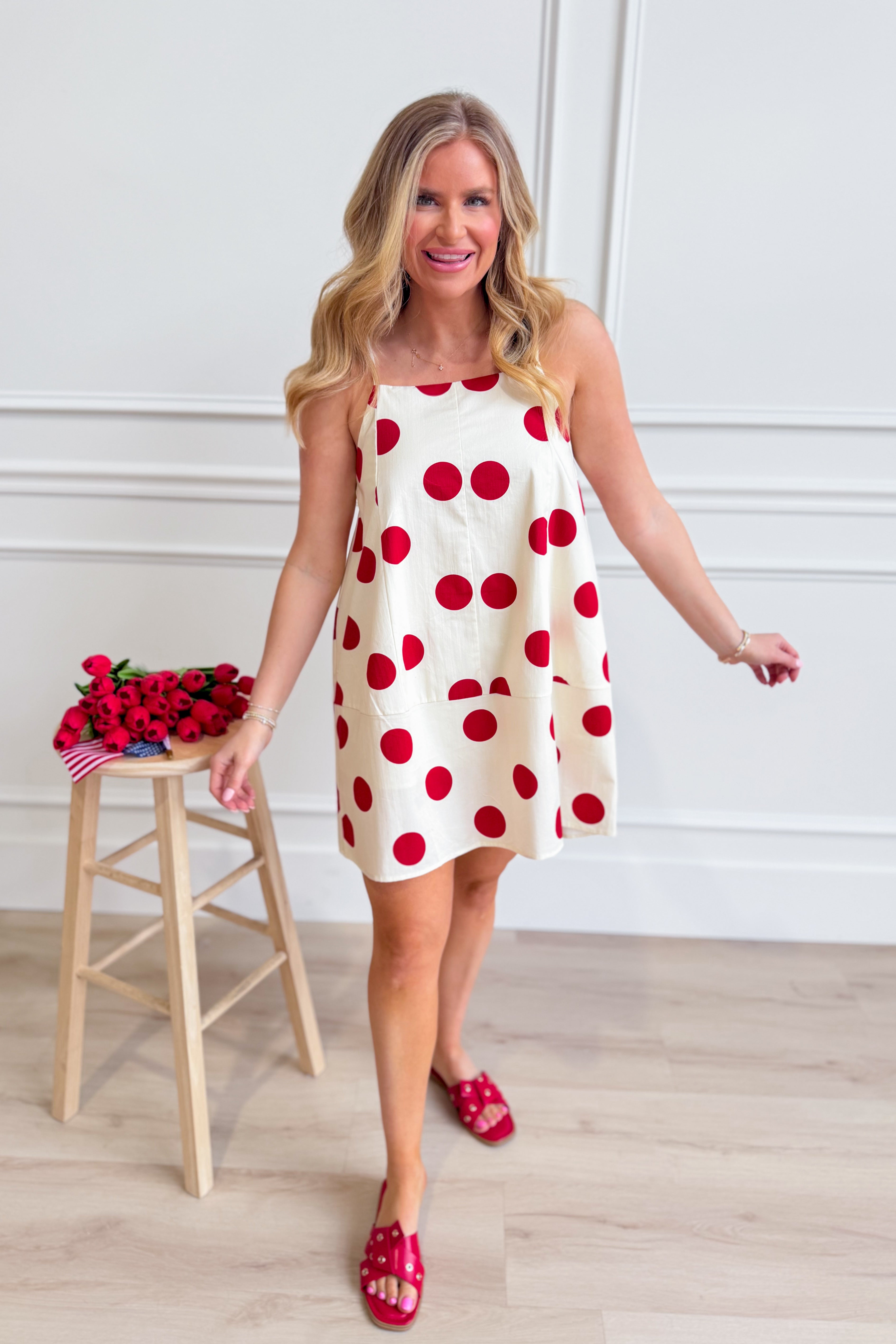 PEACH LOVE Jenna polka dot summer dress, 125 dressy dress with a flowy silhouette and sleeveless design, perfect for warm weather.