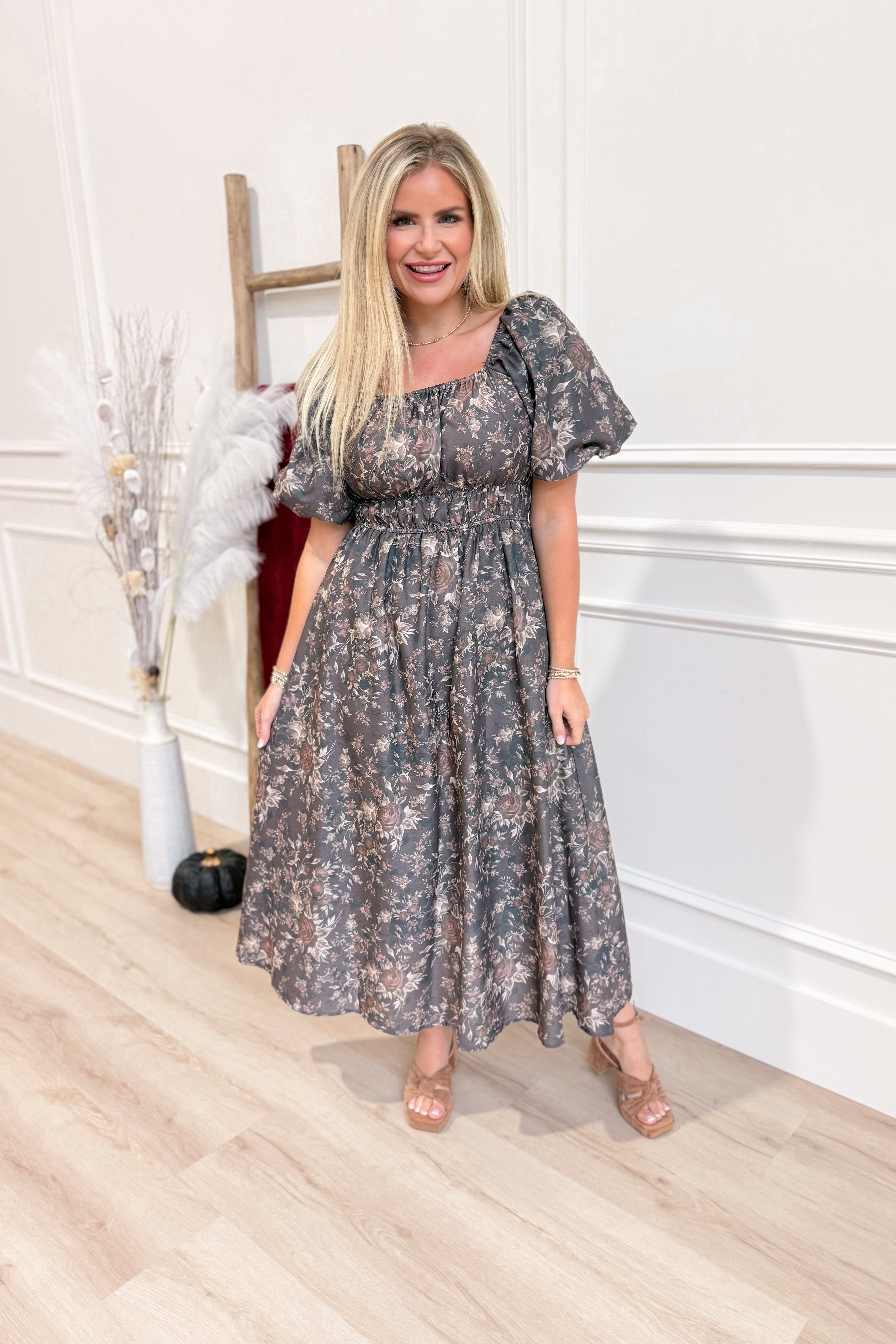 Courtney Floral Balloon Sleeve Midi Dress - Be You Boutique