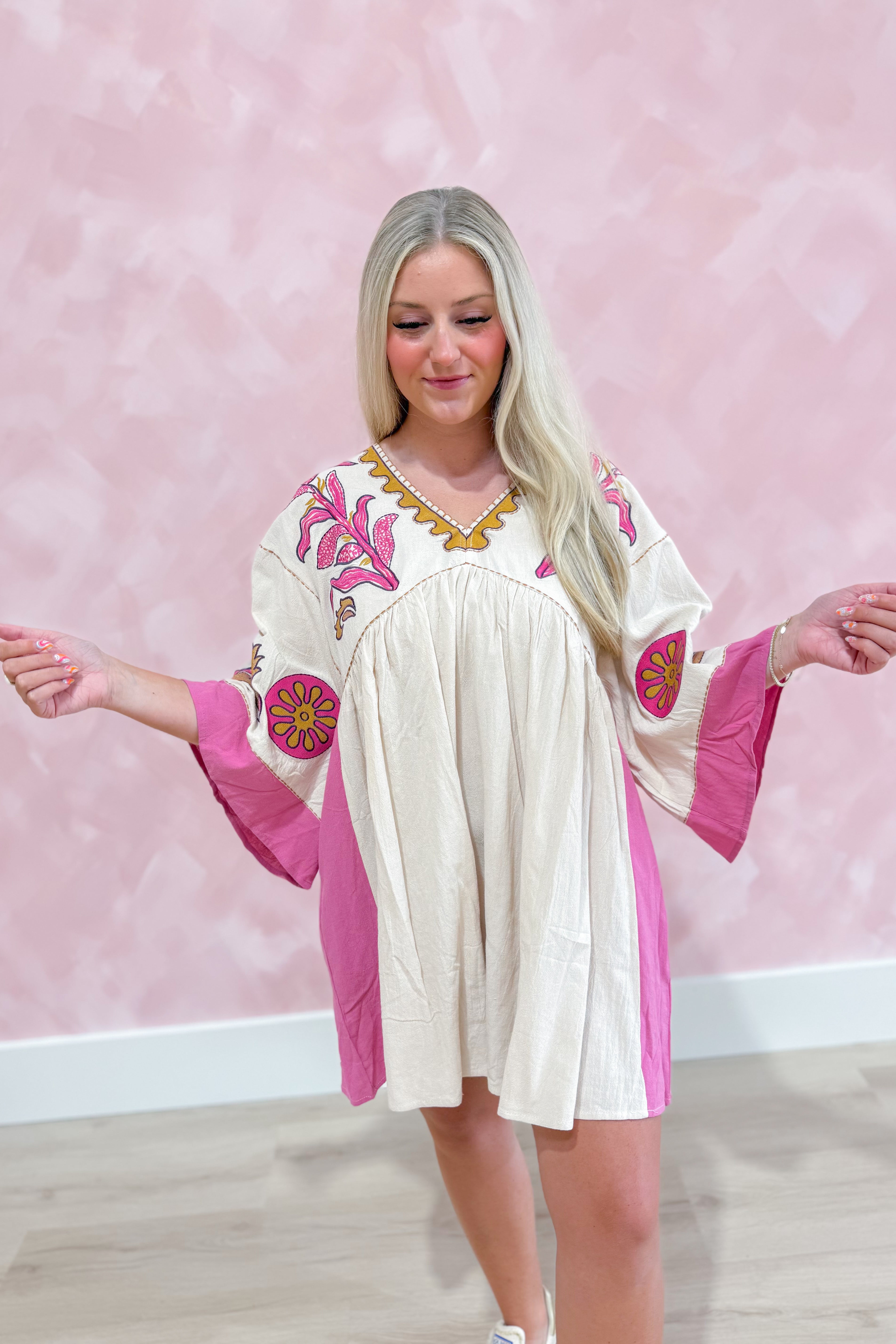 Tucker Embroidered 3/4 Sleeve Dress - Be You Boutique