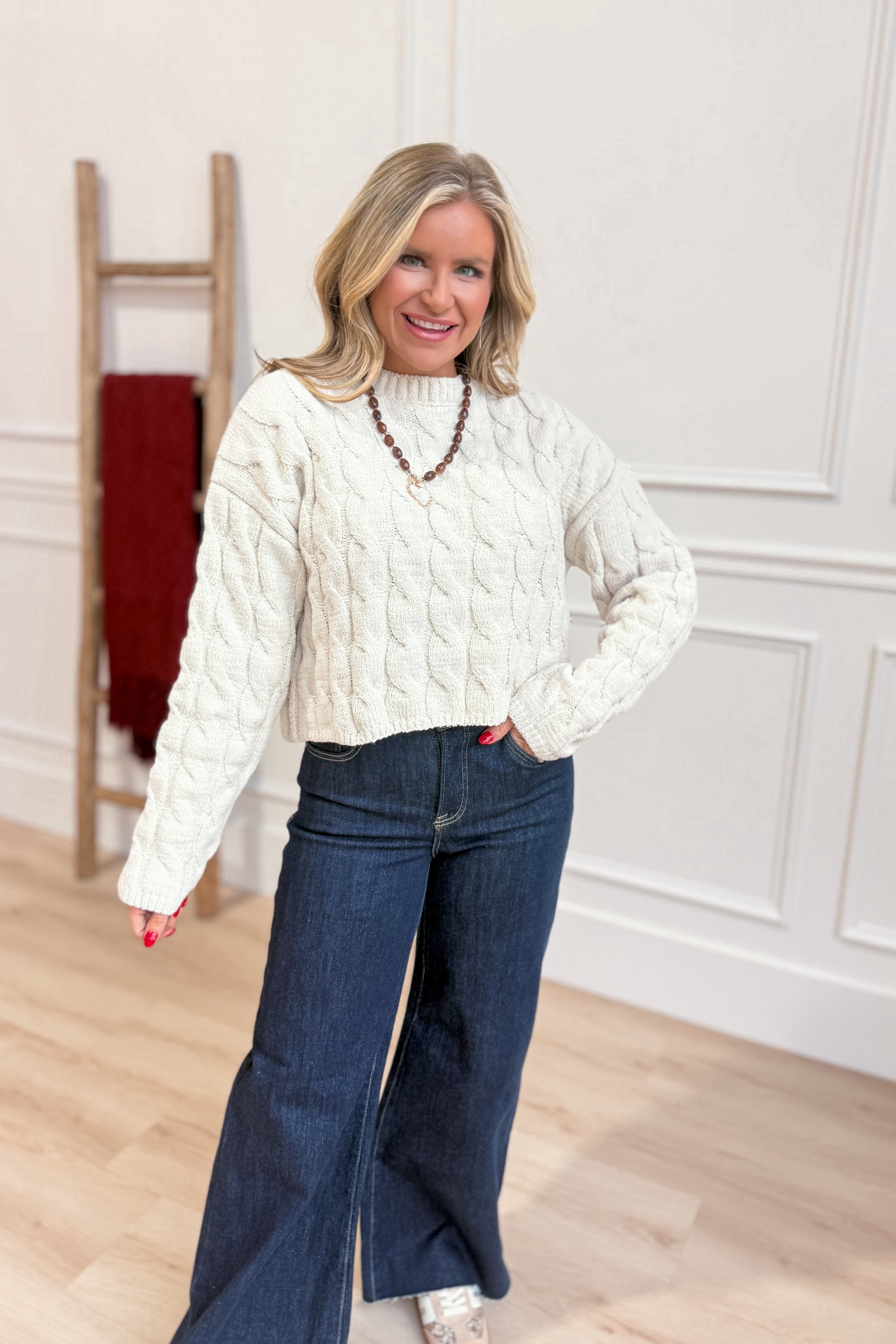 Liv Cable Knit Crew Neck Sweater - Be You Boutique