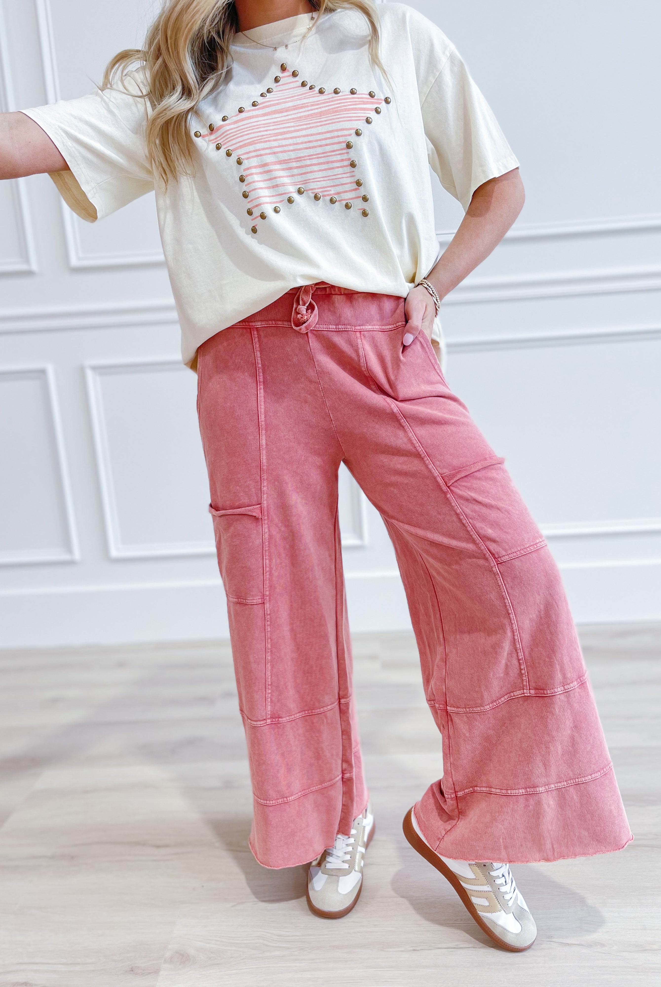 EASEL Bradley mineral washed terry knit wide-leg pants in a relaxed fit, shown in a neutral color on a model.
