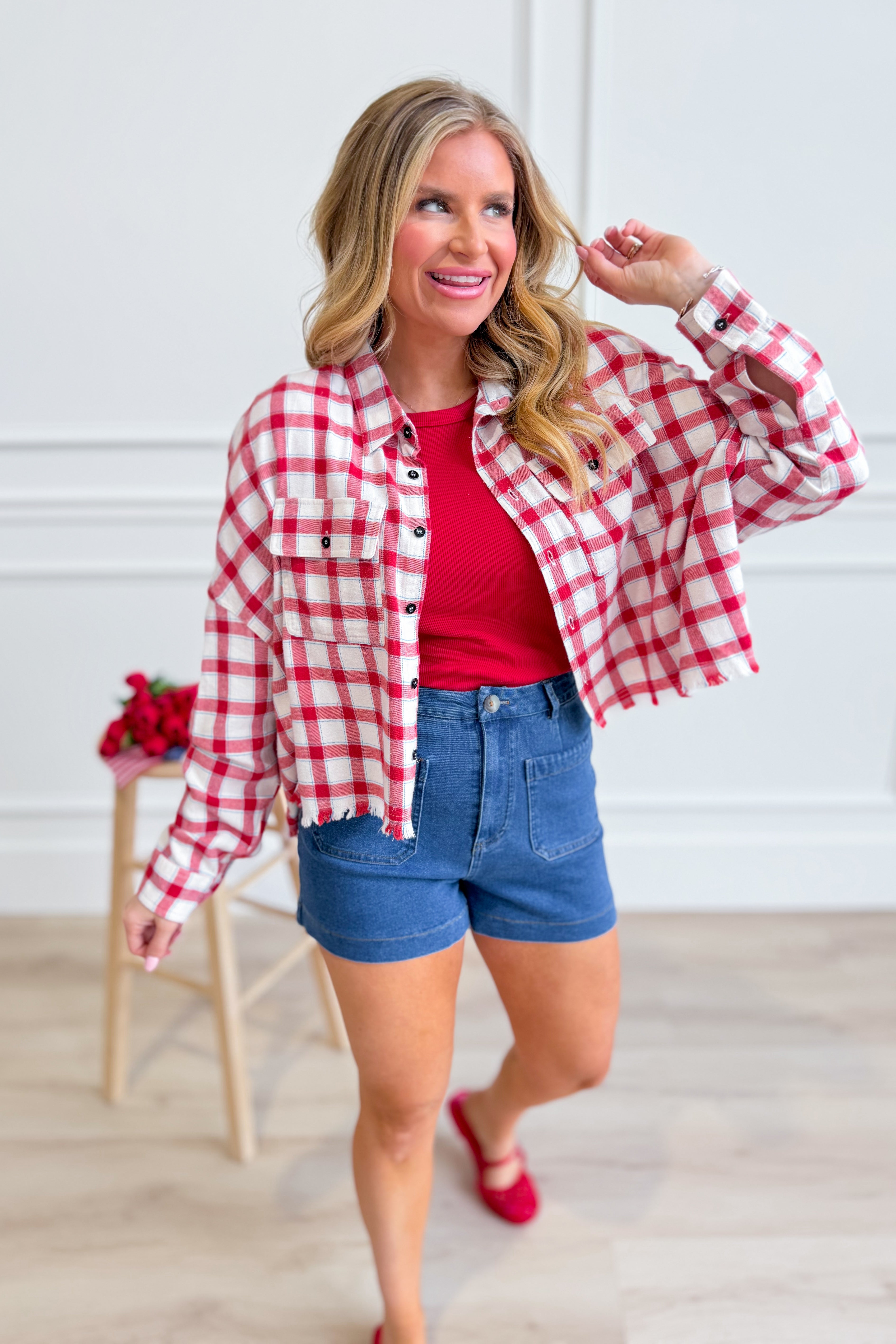 Robin plaid button-down frayed top from BUCKET LIST, casual 105 top with a relaxed fit and stylish frayed hem detail.