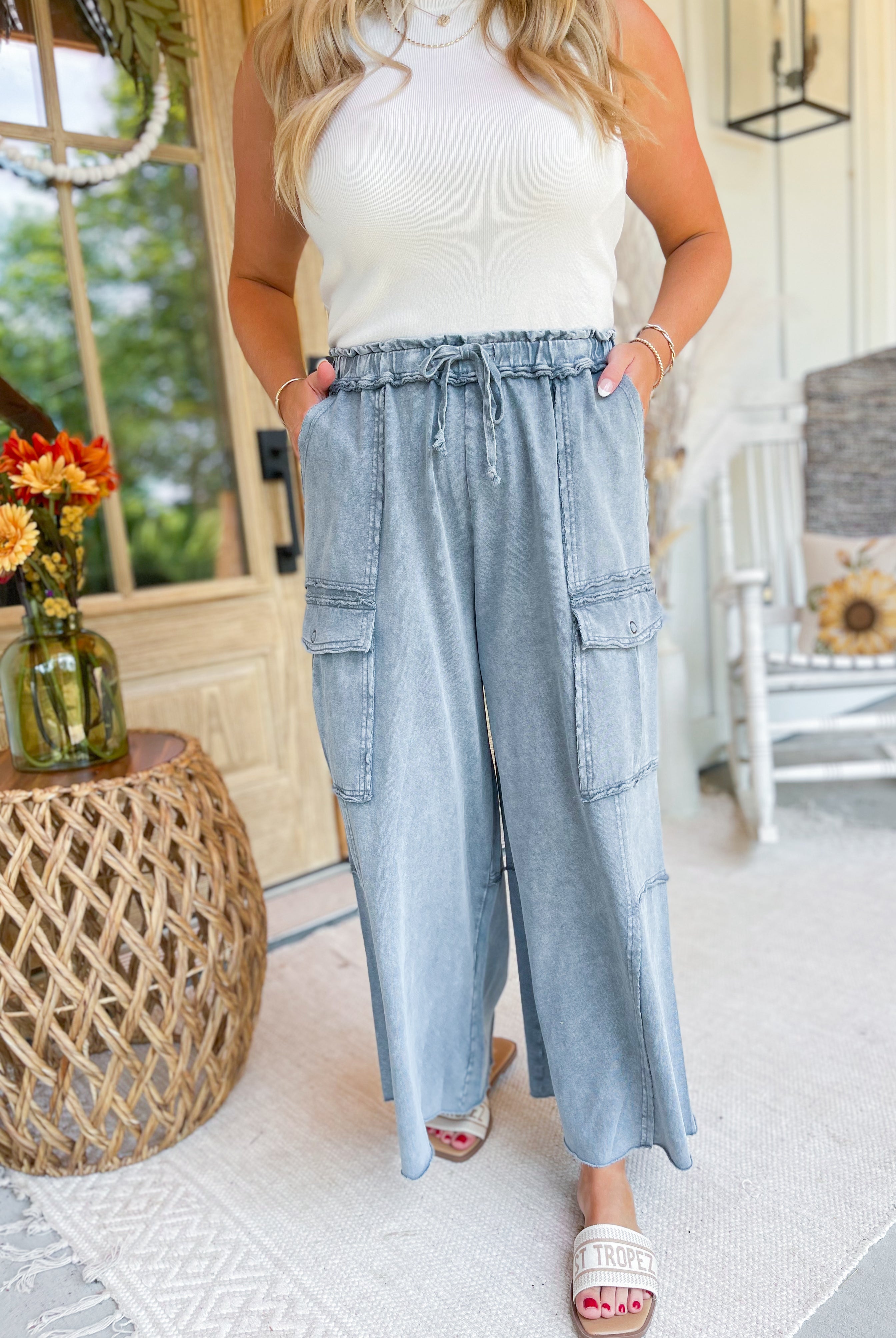 Mateo Mineral Washed Wide Leg Cargo Pants - Be You Boutique