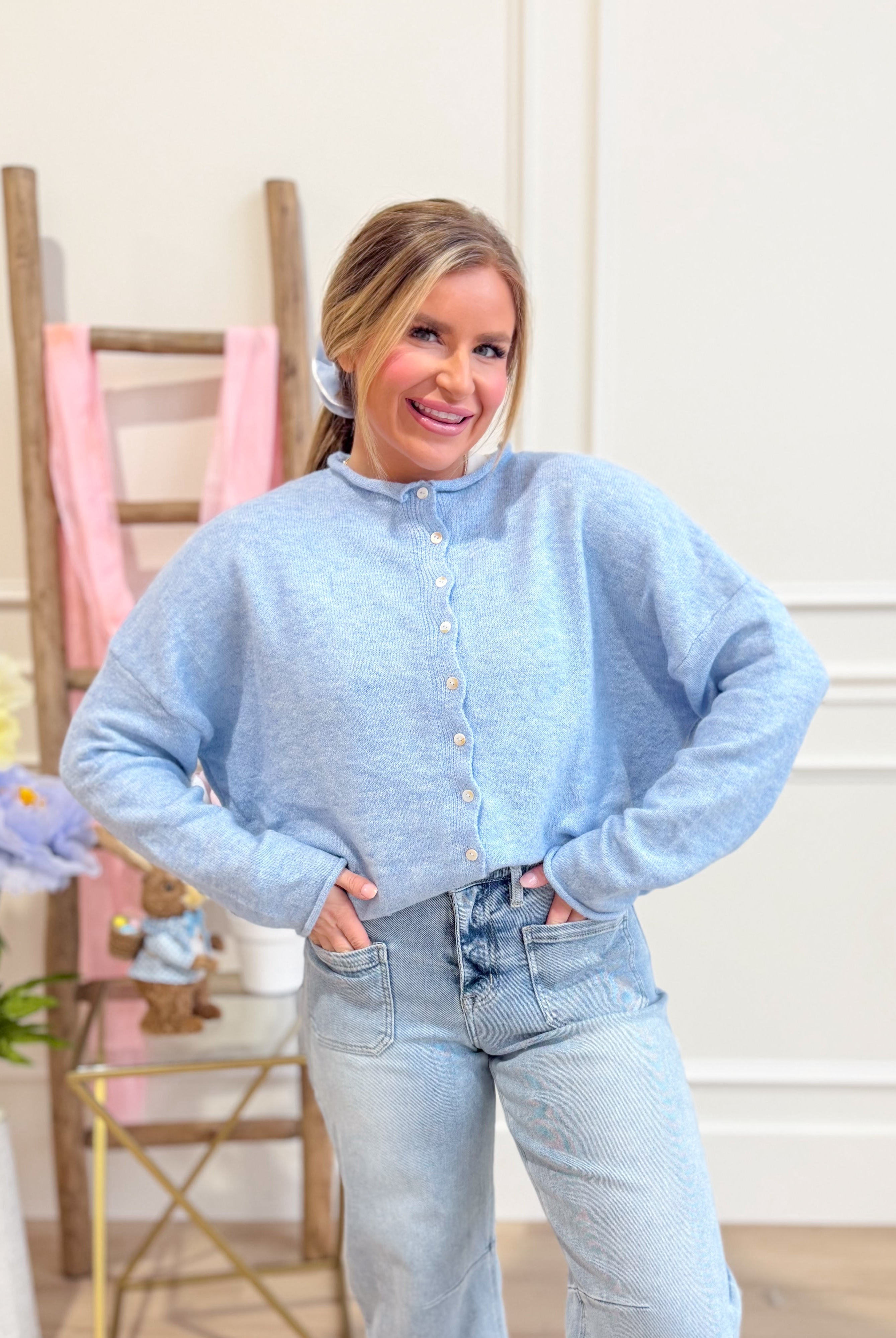 Luna Sky Blue Button Down Cardigan Top by THINGS BETWEEN, lightweight spring sweater with front buttons and long sleeves.