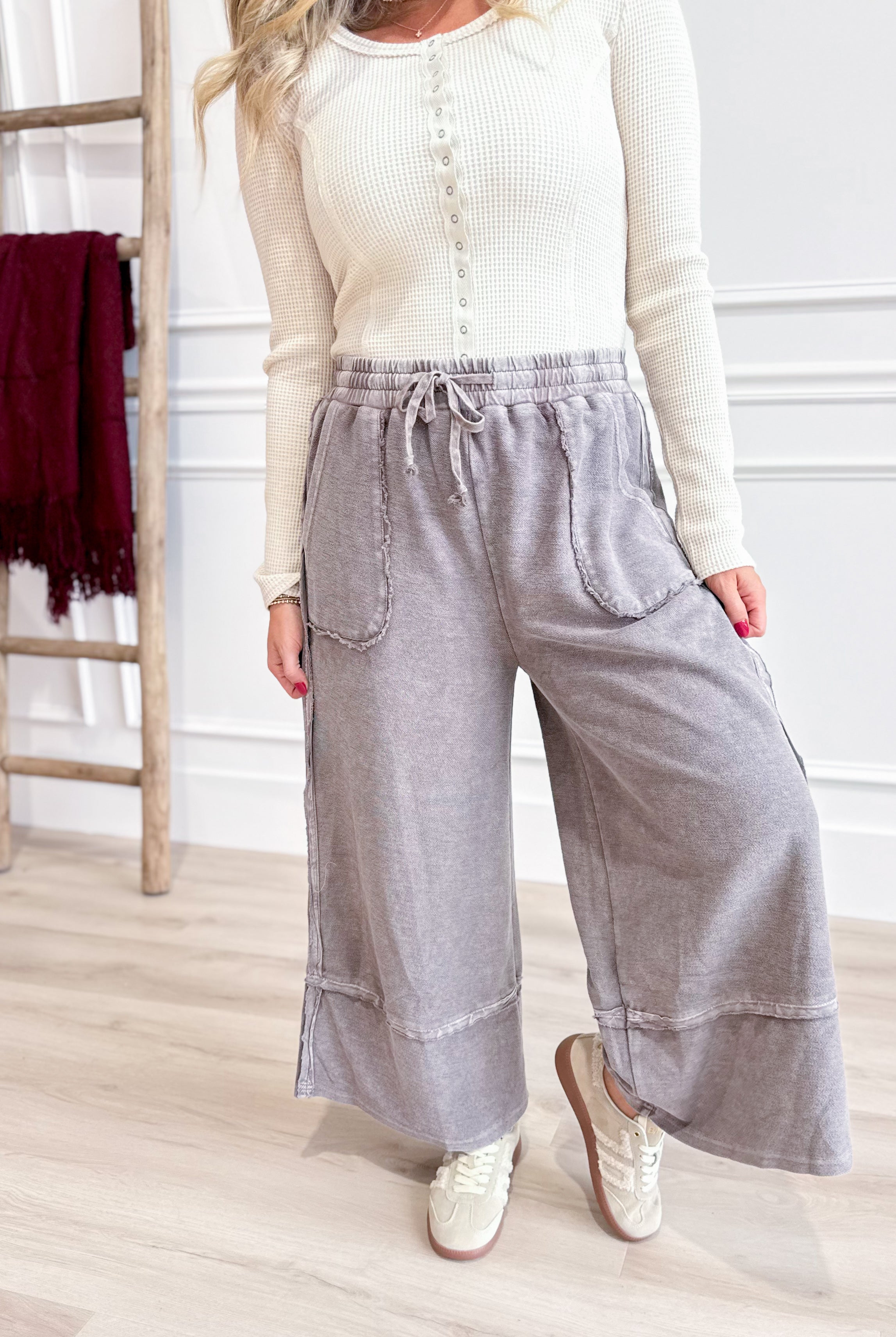 Caris Mineral Washed Upside Down Terry Knit Wide Leg Palazzo Pants - Be You Boutique